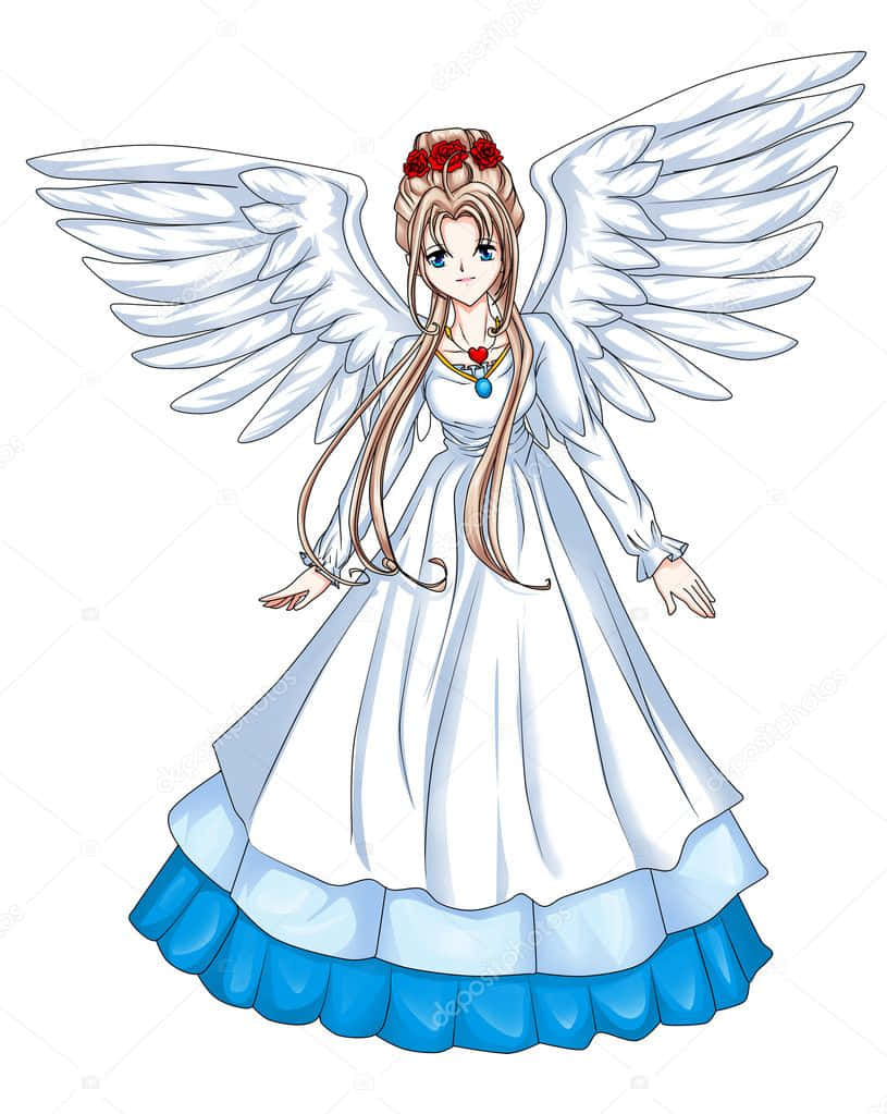 Beautiful Angel 桌布 壁紙 — 一個寧靜的動漫風格天使，擁有白色翅膀和藍色鑲邊的長袍，頭髮上裝飾著紅玫瑰。