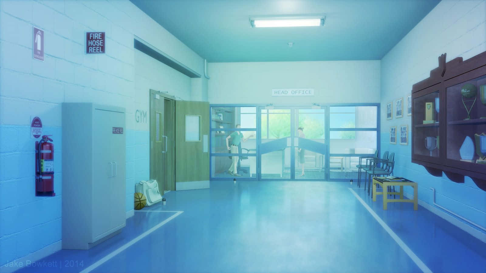  壁紙 — 一個寧靜的動漫風格學校走廊，沐浴在清涼的藍光中，學生們正走向校長辦公室。