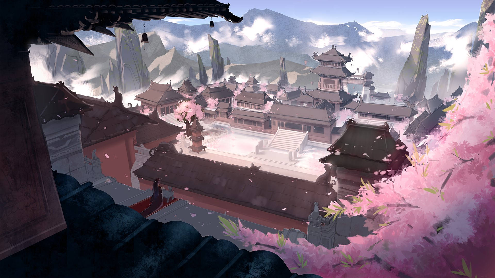 Asia 桌布 壁紙 — 一個寧靜的動漫風格寺廟建築群，坐落在霧氣繚繞的山巒中，鮮豔的粉紅櫻花點綴著景色。