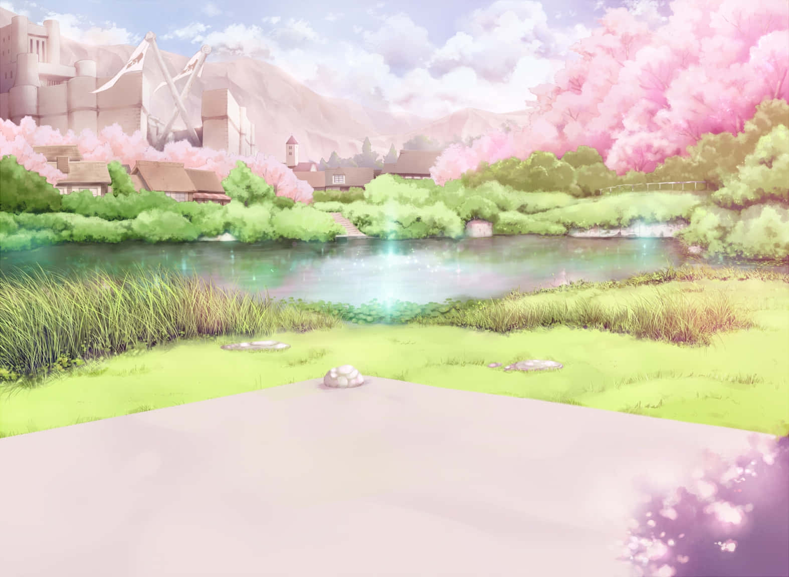 Cherry Blossoms Anime Scenery 桌布 壁紙 — 一個寧靜的動漫風格村莊，坐落在發光的河流旁，周圍環繞著粉紅色的櫻花和綠色山丘，在柔和天空下。