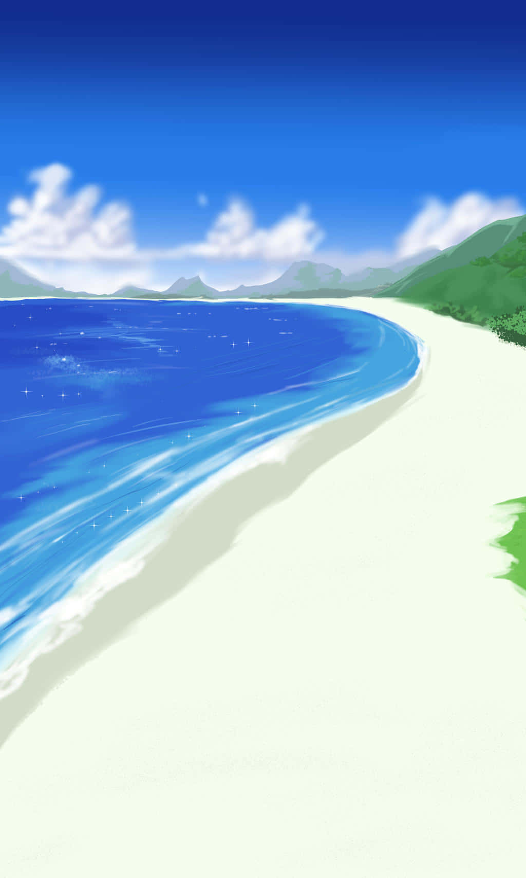 Anime Beach 桌布 壁紙 — 一個寧靜的動漫風格海灘，碧綠的海浪拍打著白色沙灘，天空湛藍，白雲朵朵。