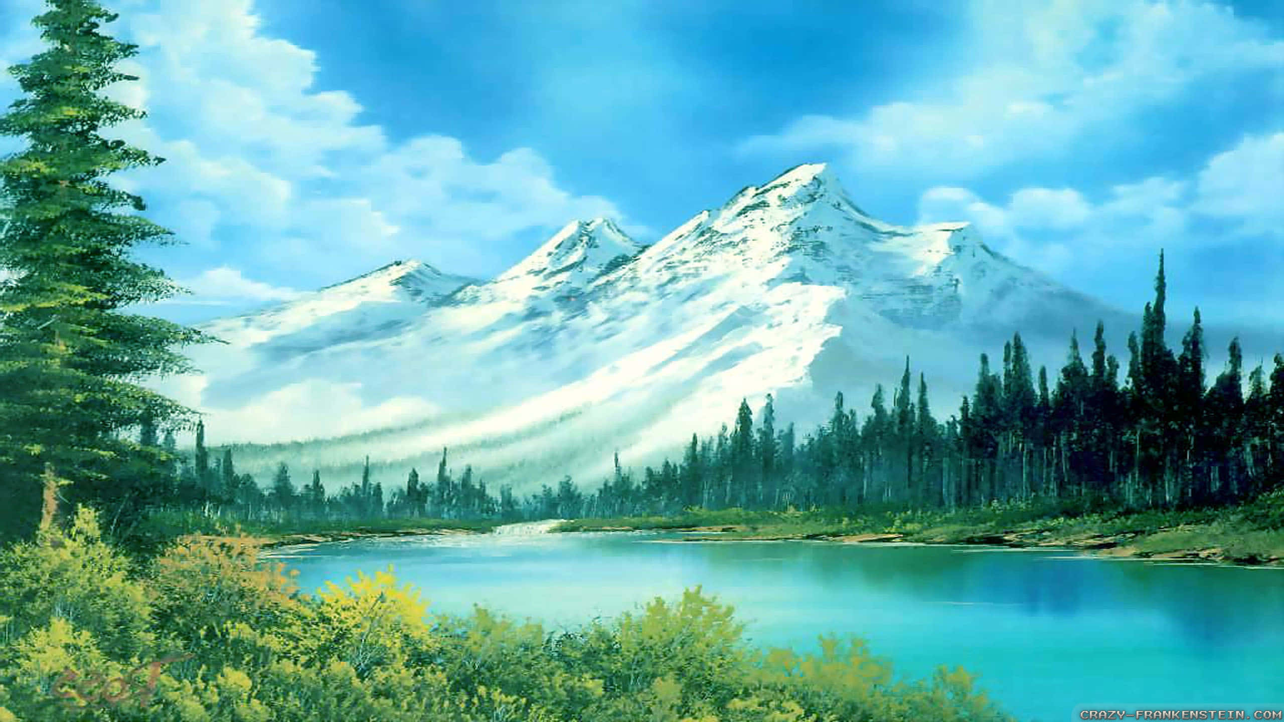 Cool Landscape 桌布 壁紙 — 一個寧靜的動漫風格湖泊，在明亮的藍天和蓬鬆的雲朵下，倒映著積雪覆蓋的山峰。