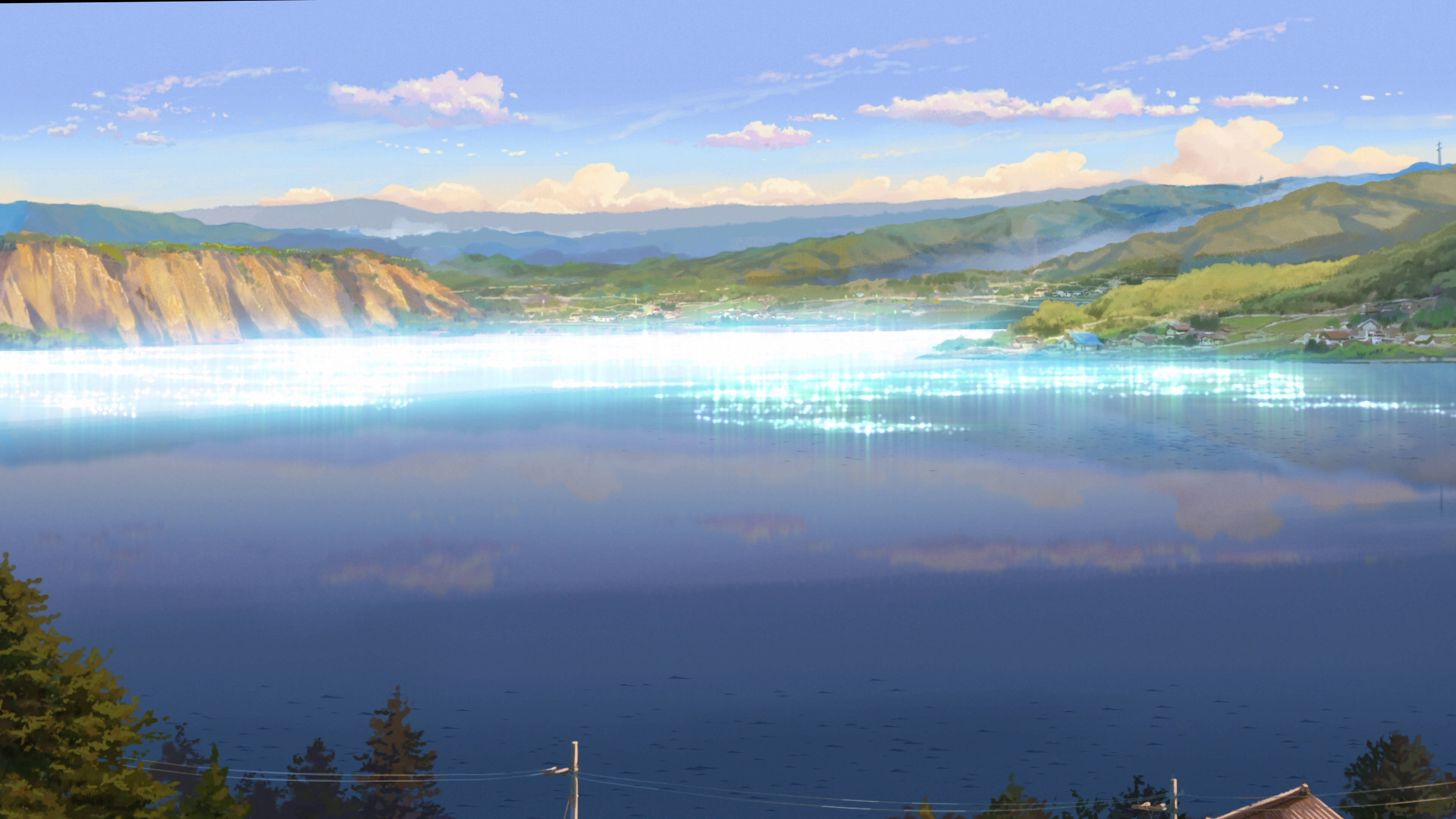 Your Name 桌布 壁紙 — 一個寧靜的動漫風格湖泊，映照著晴朗的藍天、蓬鬆的白雲和遠處的翠綠山巒，在柔和的光線下。