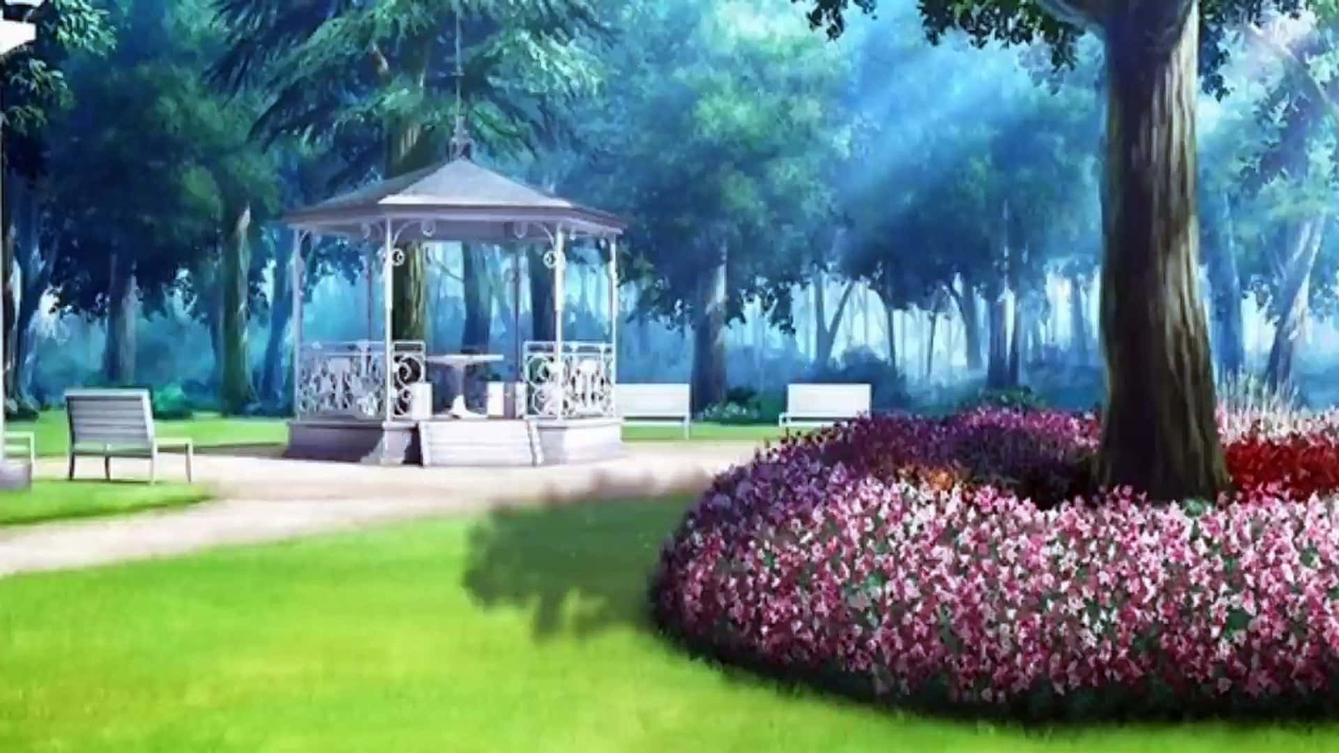 Gacha 桌布 壁紙 — 一個寧靜的動漫風格花園，白色涼亭周圍環繞著茂密的綠草和充滿活力的粉紅色花朵，在霧濛濛的藍天下。