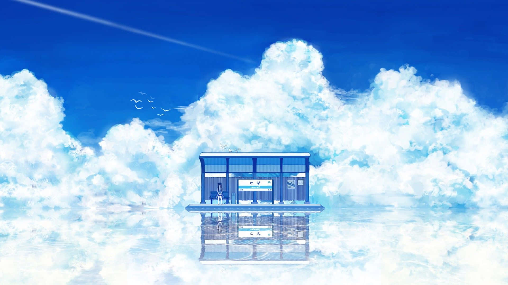 Anime Sky 桌布 壁紙 — 一個寧靜的動漫風格車站漂浮在反射的雲海上，廣闊的藍天下有鳥兒飛過。