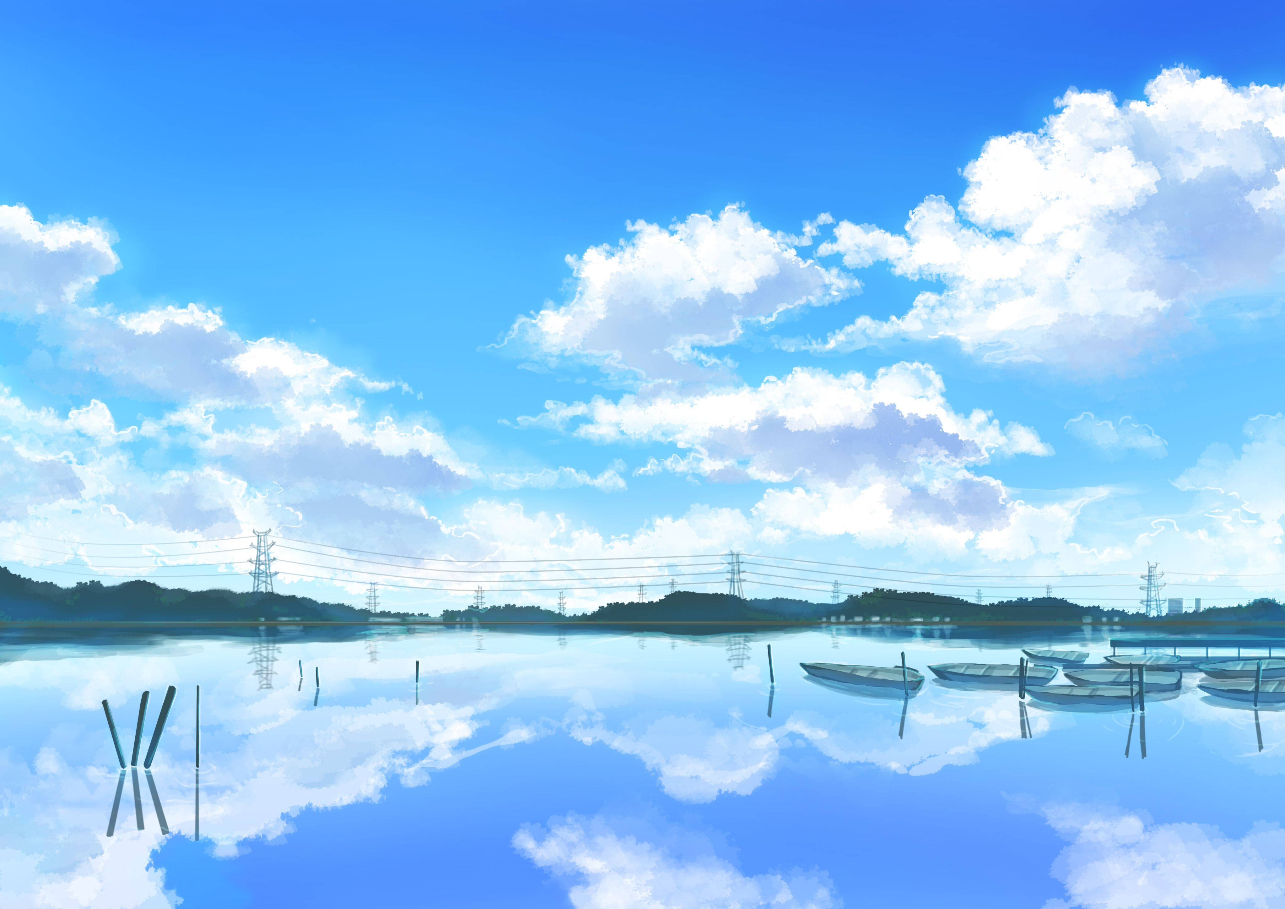 Blue Sky 桌布 壁紙 — 一個寧靜的動畫風格湖泊，映照著晴朗的藍天、蓬鬆的白雲和遠處的電線。