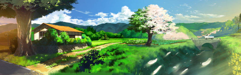 Anime Pc 桌布 壁紙 — 一個寧靜的動畫風格鄉村場景，有盛開的櫻花樹、石橋橫跨溪流，以及一間坐落在蒼翠山丘中的房子，在明亮的藍天下。
