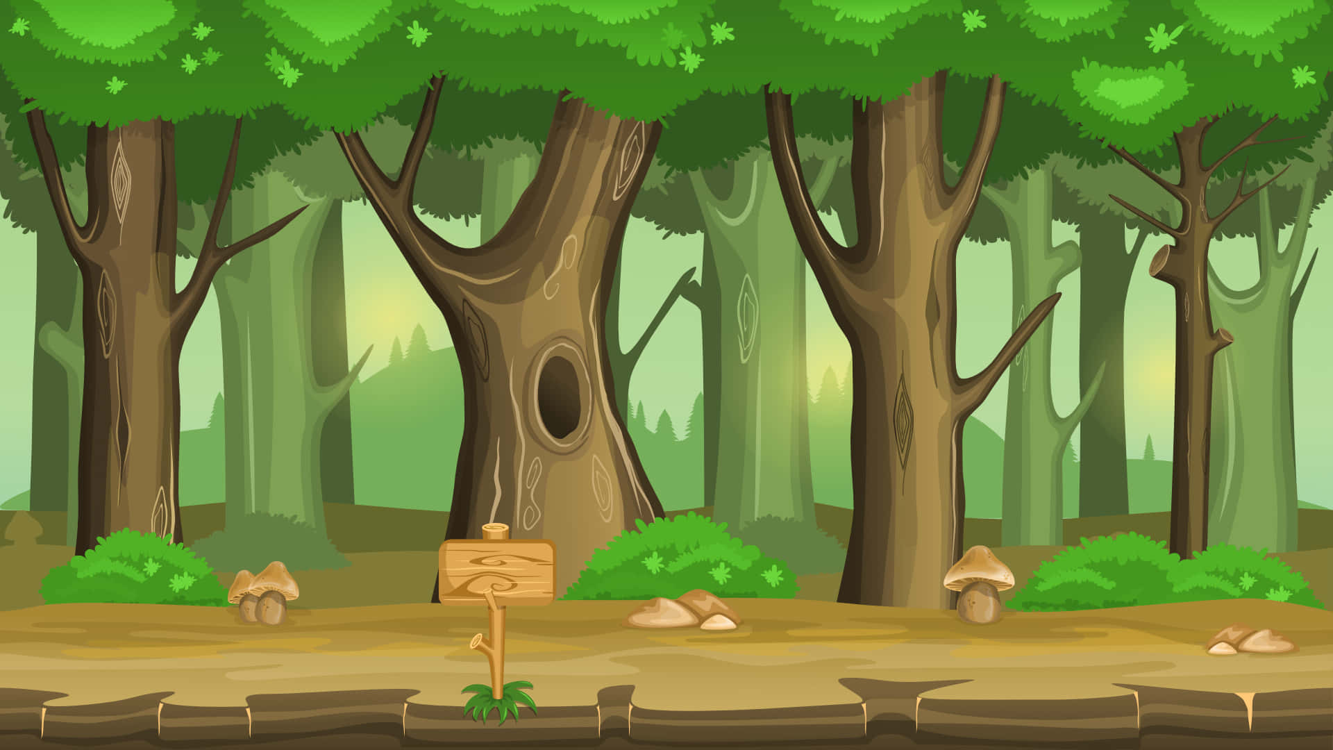 Animated Forest 桌布 壁紙 — 一個寧靜的卡通森林，有高大的樹木、長滿苔蘚的地面和蘑菇，在綠色樹冠下。