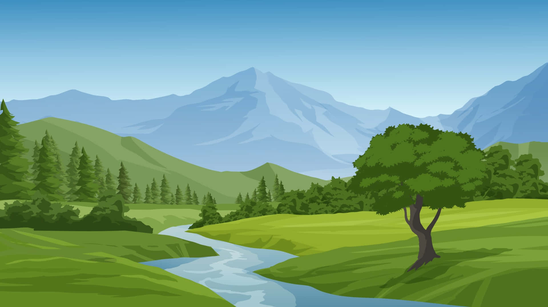 山景 桌布 壁紙 — 一個寧靜的卡通風景，蜿蜒的河流流過一棵孤樹，流向遠處白雪覆蓋的山脈。