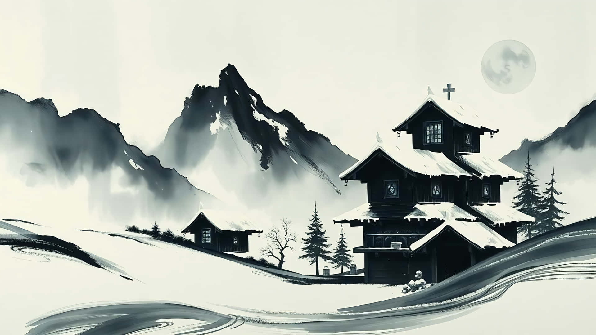 Minimalist ink Wash Winter Village Landscape 壁紙 — 一個寧靜的單色山村，有積雪的木屋和滿月在霧氣繚繞的山峰上閃耀。