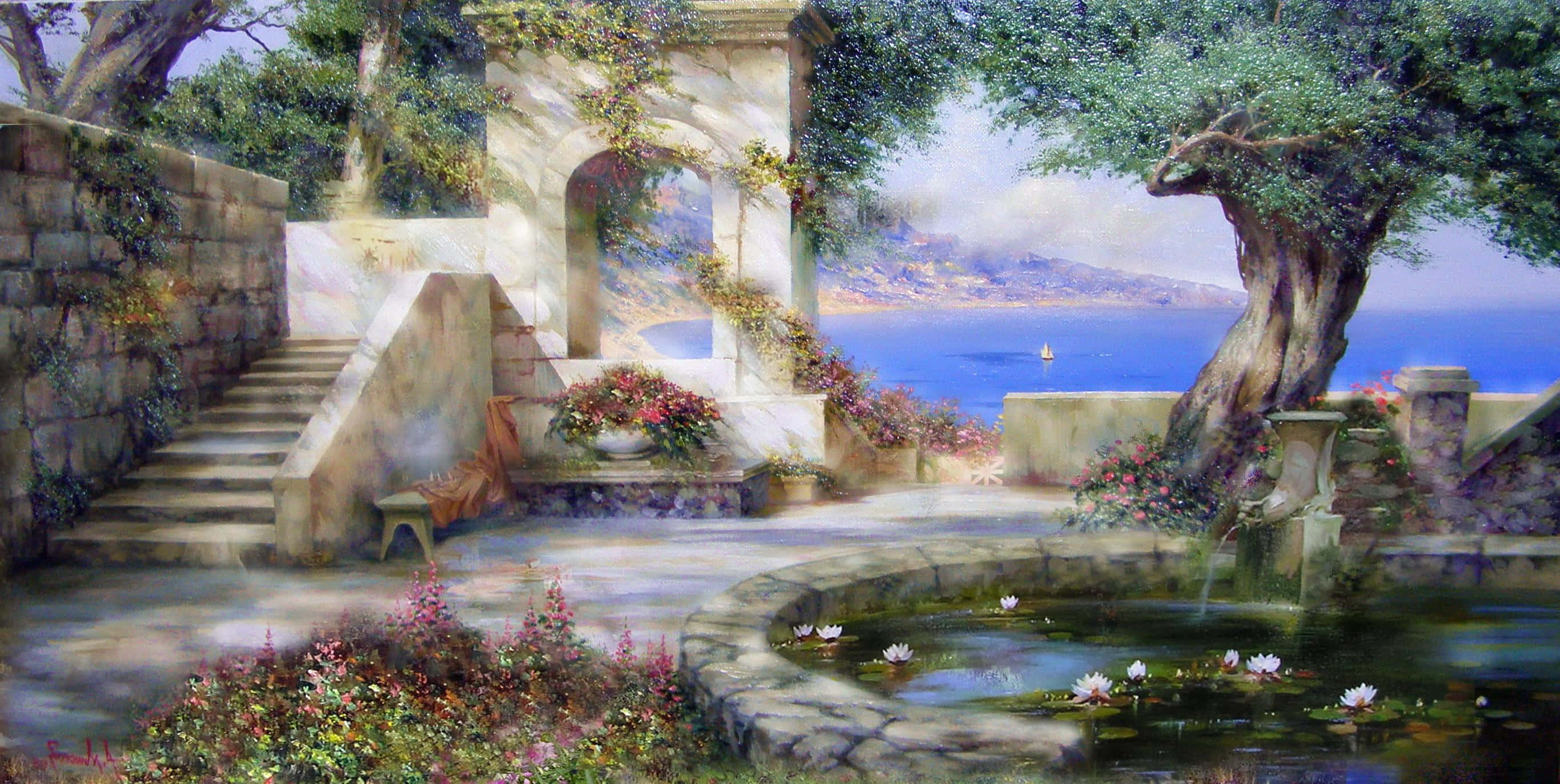 Beautiful Heaven 桌布 壁紙 — 一個寧靜的地中海花園，擁有石拱門、樓梯和百合花池，俯瞰著柔和天空下的藍色大海。