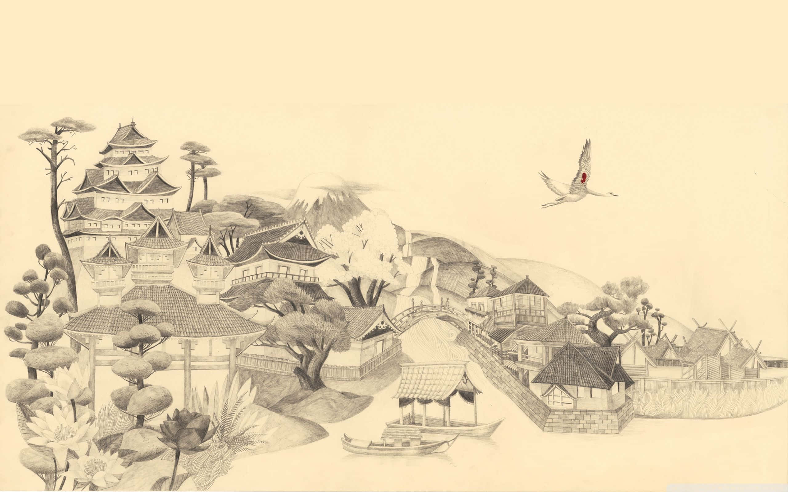 Drawing Desktop 桌布 壁紙 — 一個寧靜的墨水素描，描繪了一個傳統的日本村莊，有寶塔、船隻和一隻鶴在霧氣繚繞的山巒上空飛翔。