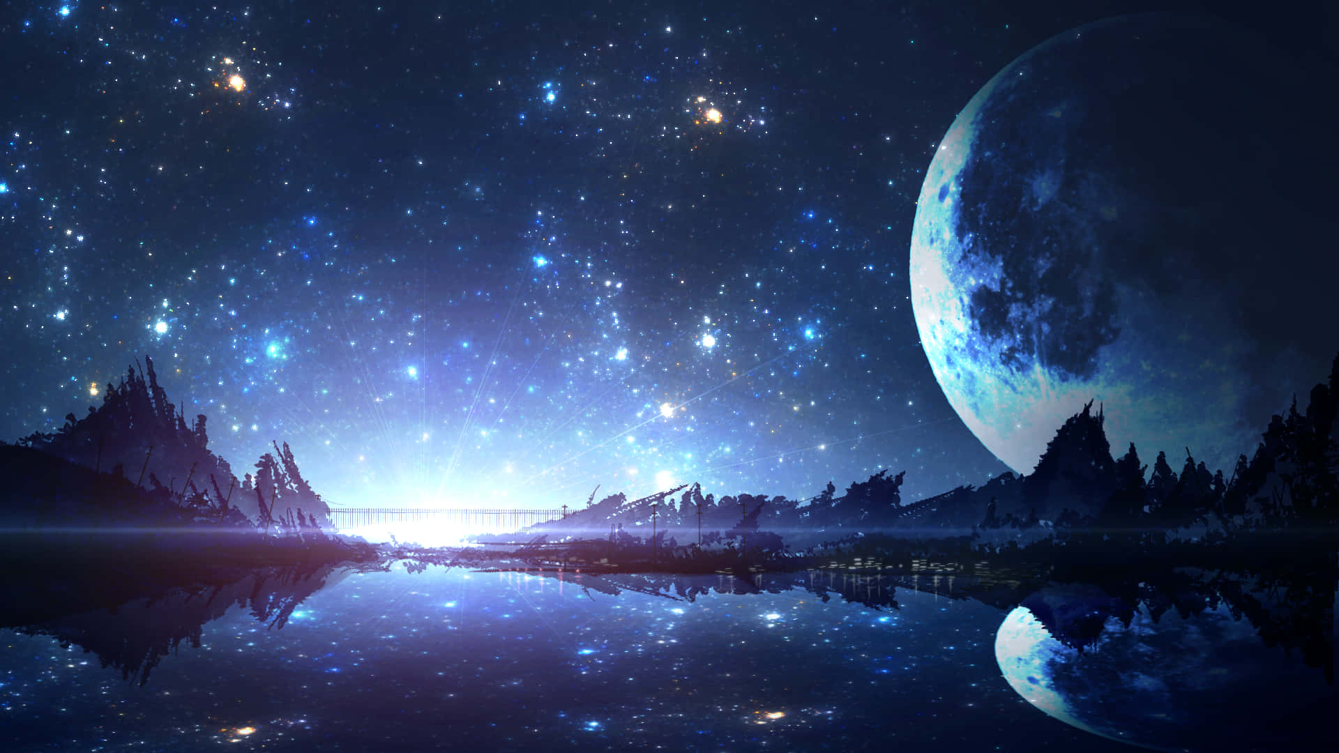 動漫 桌布 壁紙 — 一個寧靜的外星景觀，星空下，一輪巨月倒映在平靜的湖面上，四周環繞著崎嶇的山脈。
