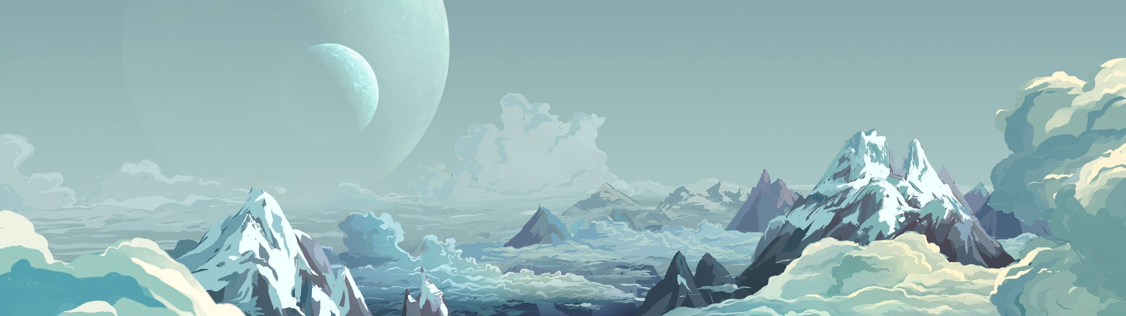 3840x1080 HD dual monitor 桌布 壁紙 — 一個寧靜的外星景觀，有白雪覆蓋的山脈，蒼白的天空中有兩個月亮。