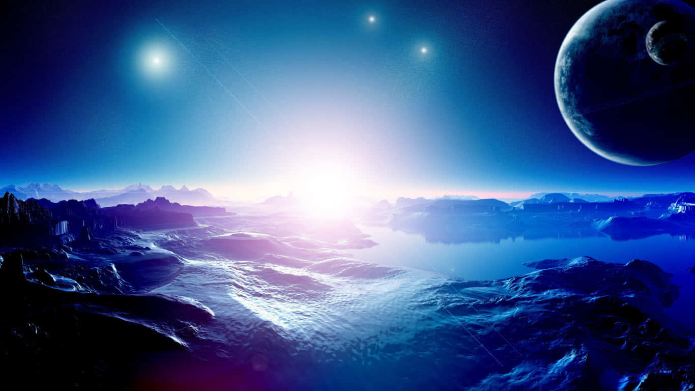 風景 桌布 壁紙 — 一個寧靜的外星景觀，沐浴在藍光中，有發光的太陽地平線和天空中一輪巨大的月亮。