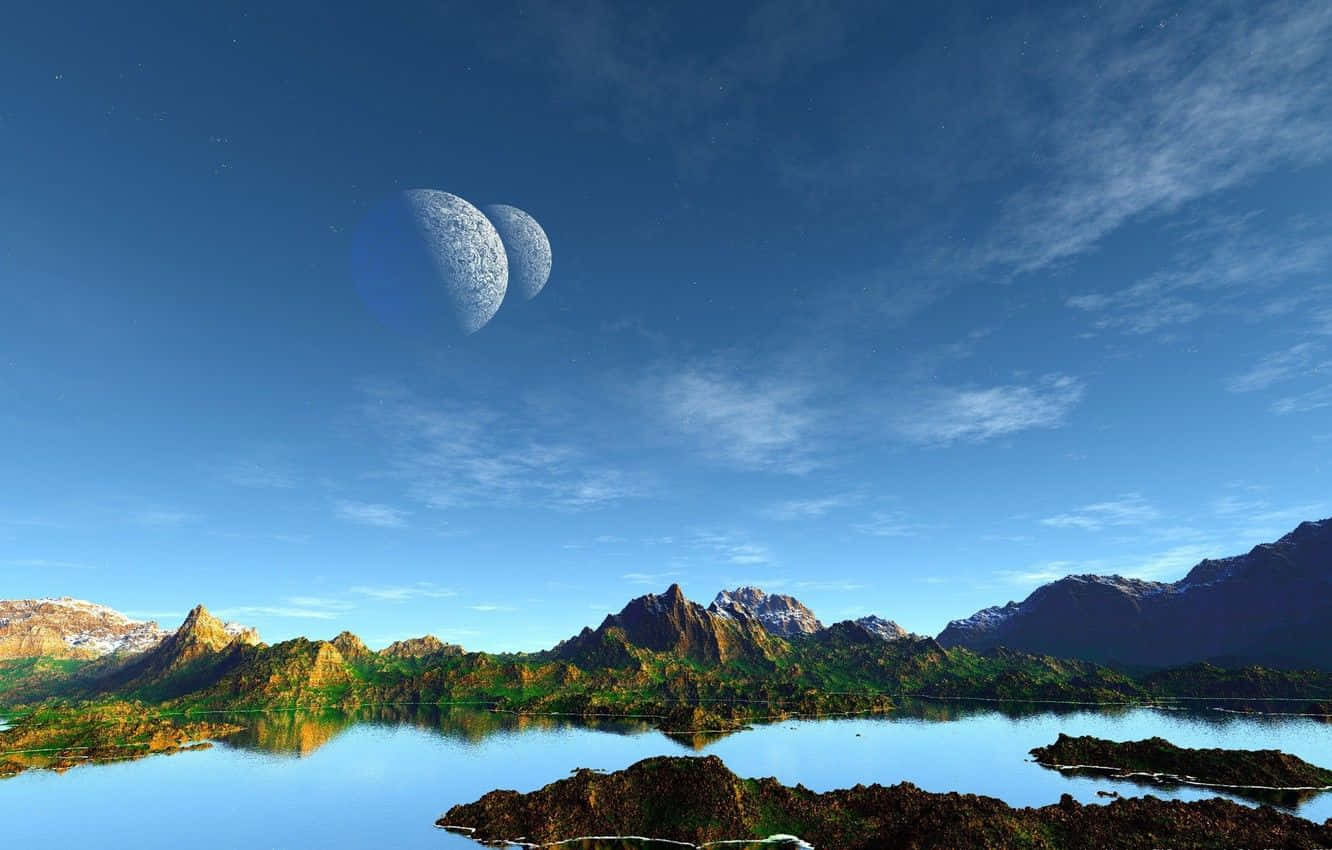 Exoplanet 桌布 壁紙 — 一個寧靜的外星風景，雙月懸掛在平靜的湖面上，湖面映照著鋸齒狀的山脈，背景是繁星點點的藍天。