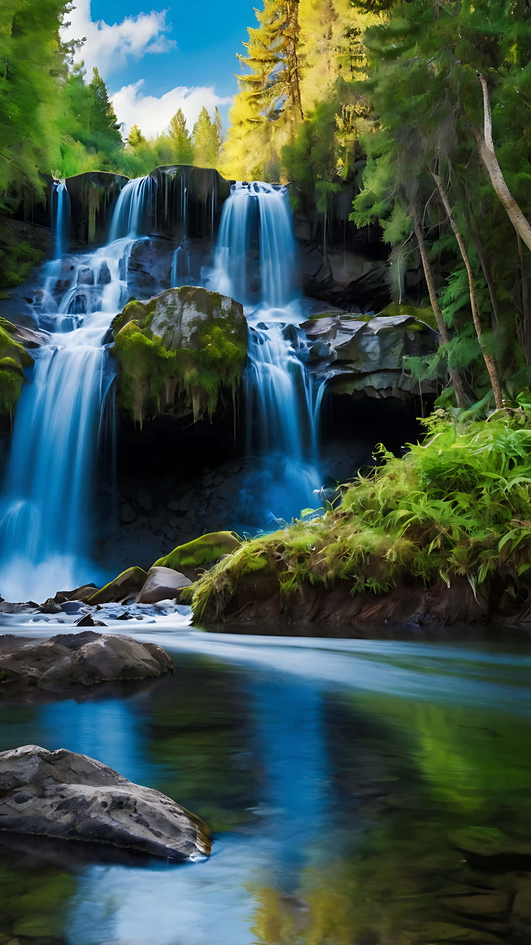 Blissful Waterfall and Lake in Harmony. smartphone wallpaper 壁紙 — 一個寧靜的多層瀑布從長滿苔蘚的岩石上傾瀉而下，流入一個平靜的水池，周圍是茂密的綠色森林，上方是明亮的藍天。