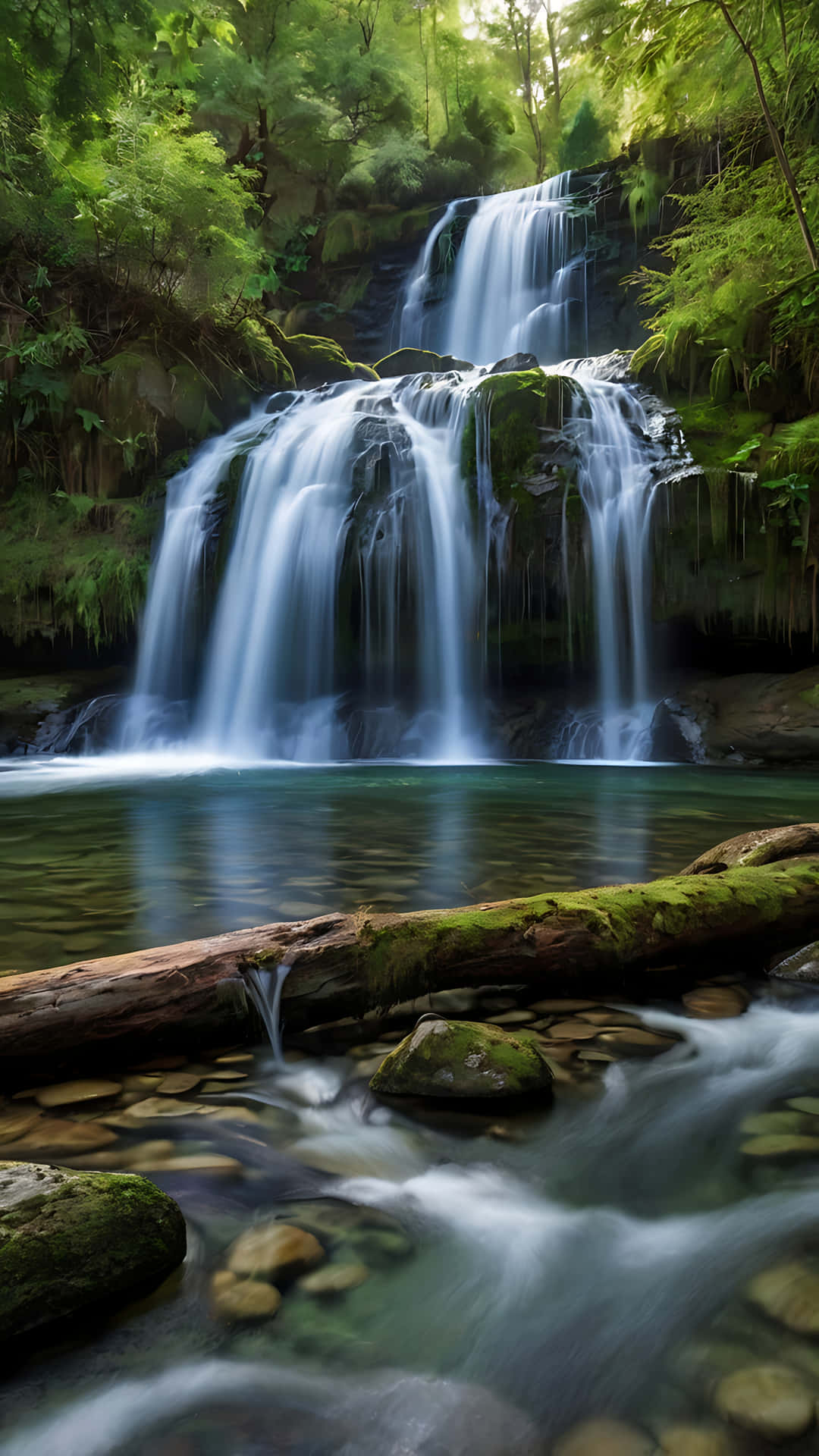 The Eternal Flow – A Waterfall’s Grace. smartphone wallpaper 壁紙 — 一個寧靜的多層瀑布穿過茂密的綠色森林，流入一個平靜的水池，水池中有長滿苔蘚的木頭和石頭。