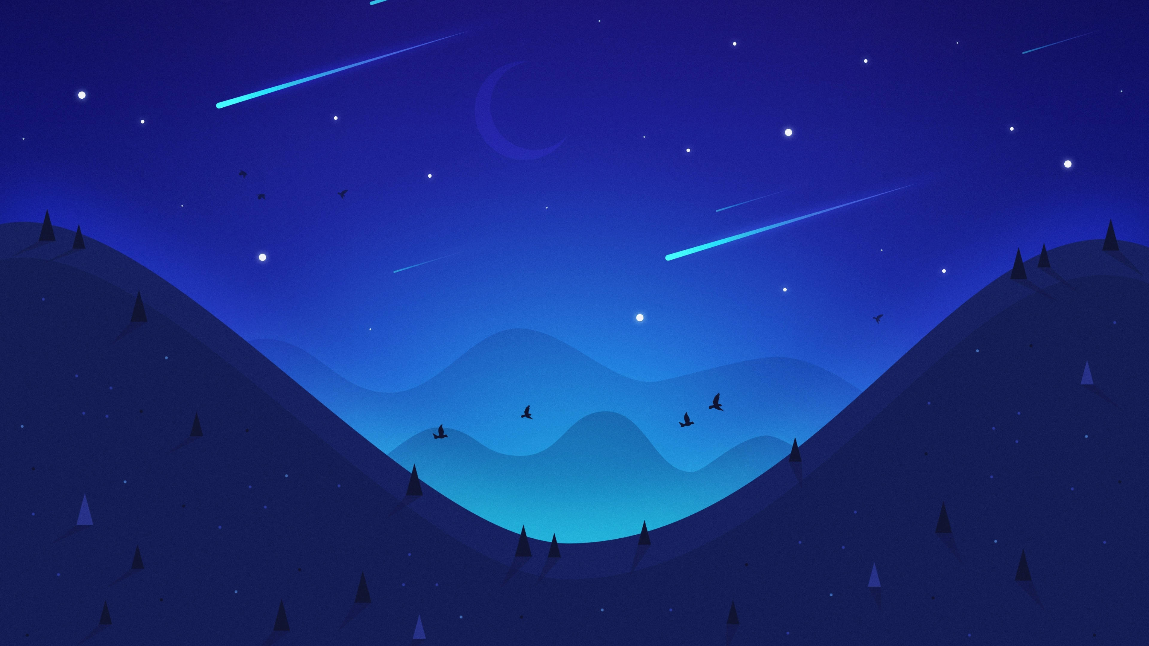 夜空 桌布 壁紙 — 一個寧靜的夜晚場景，在繁星點點的天空下，有風格化的山脈，天空中有發光的流星和一彎新月。