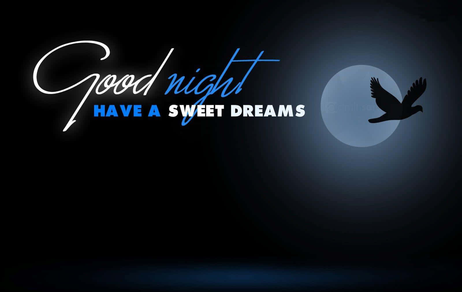 good night animated 桌布 壁紙 — 一個寧靜的夜晚場景，有發光的月亮和飛鳥剪影，背景是深藍色漸變，並有發光文字「晚安 做個甜夢」。