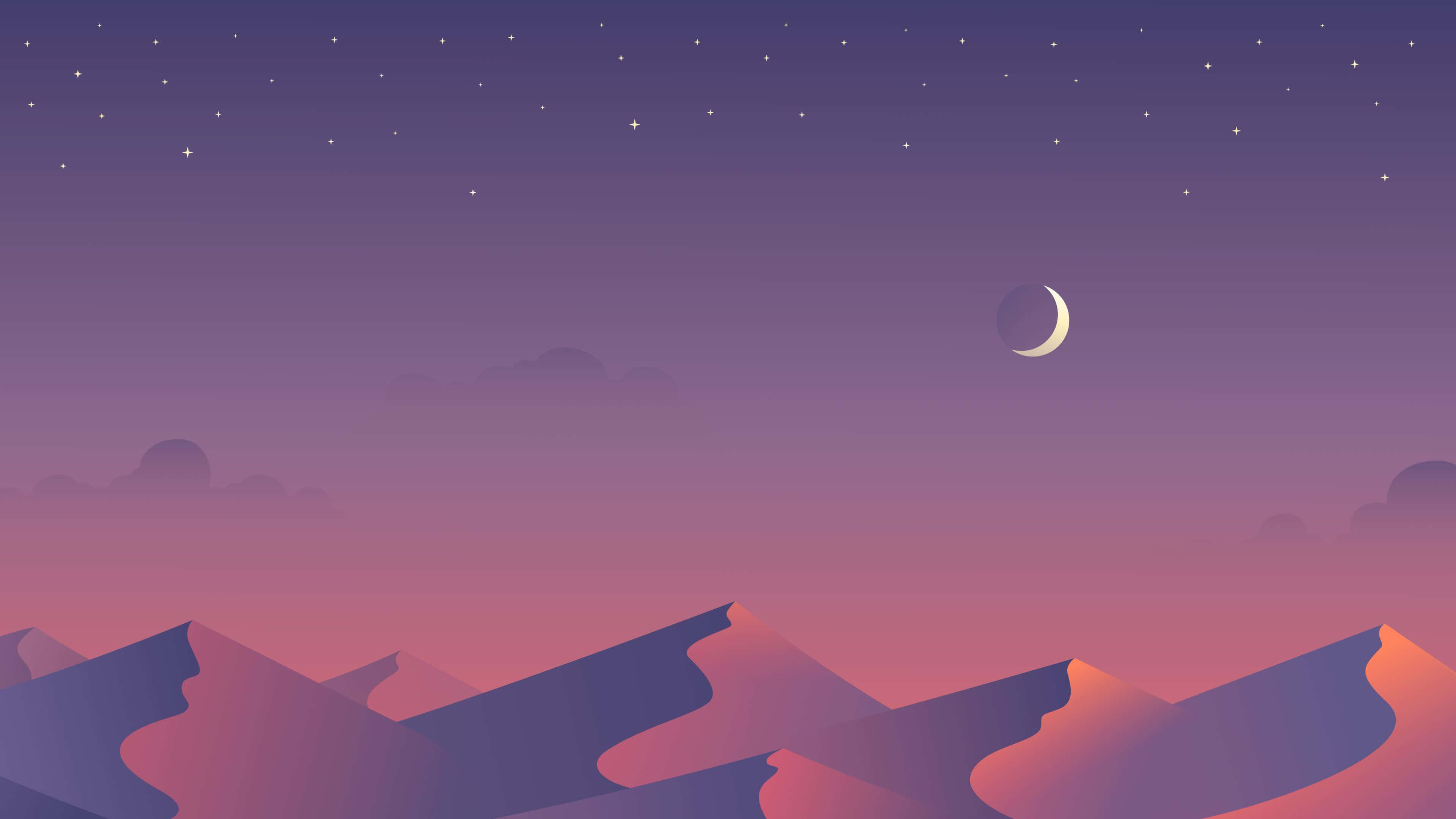 Minimalist Purple 桌布 壁紙 — 一個寧靜的夜晚場景，紫色和粉紅色的山脈在星空和彎月下。