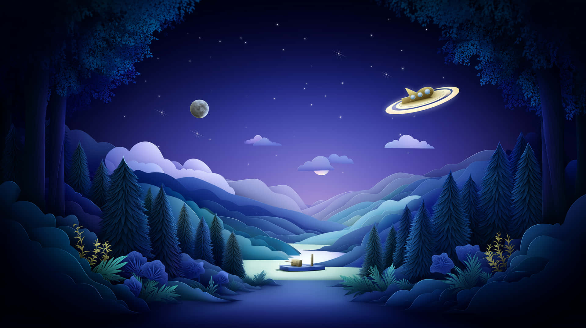 Paper Cut Alien Landscape with UFO and Moonlight 壁紙 — 一個寧靜的夜晚景觀，一個發光的UFO懸浮在河流山谷上方，周圍是黑暗的森林和山脈，星空下有一彎新月。