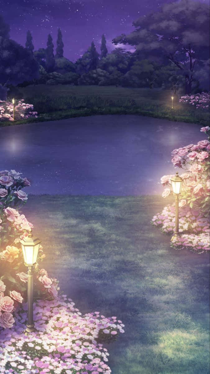 Beautiful Anime 桌布 壁紙 — 一個寧靜的夜晚花園，發光的燈籠照亮了平靜池塘周圍的粉紅色和白色玫瑰，上方是繁星點點的紫色天空。