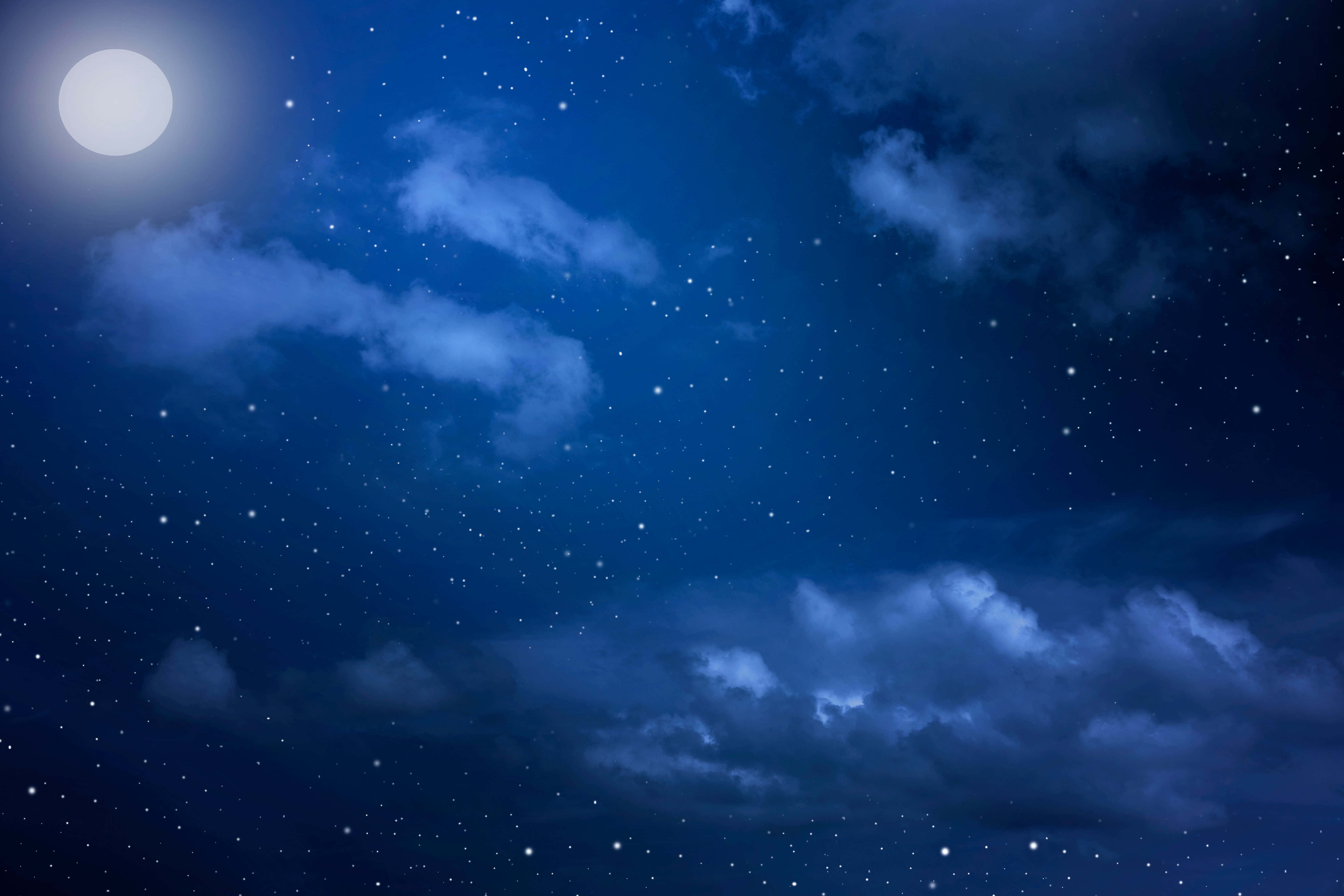 夜空 桌布 壁紙 — 一個寧靜的夜空，佈滿閃爍的星星和柔軟的雲朵，被明亮的滿月照亮。