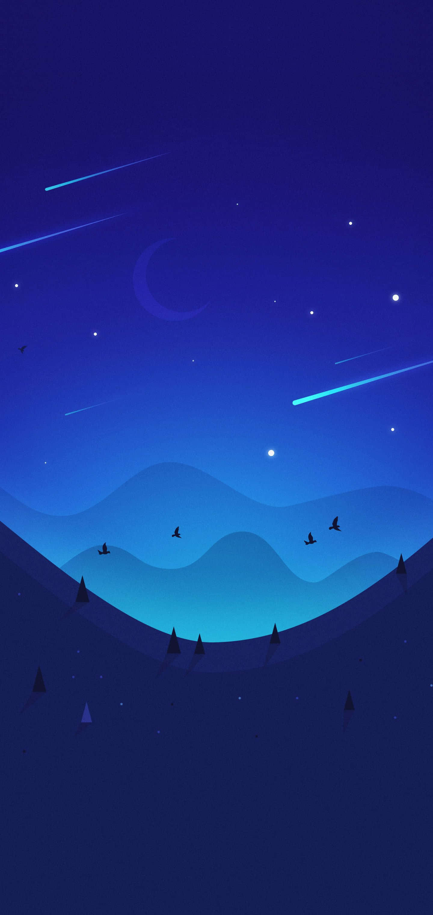 Galaxy Note 桌布 壁紙 — 一個寧靜的夜空，有新月和流星在風格化的藍色山脈和飛鳥之上。