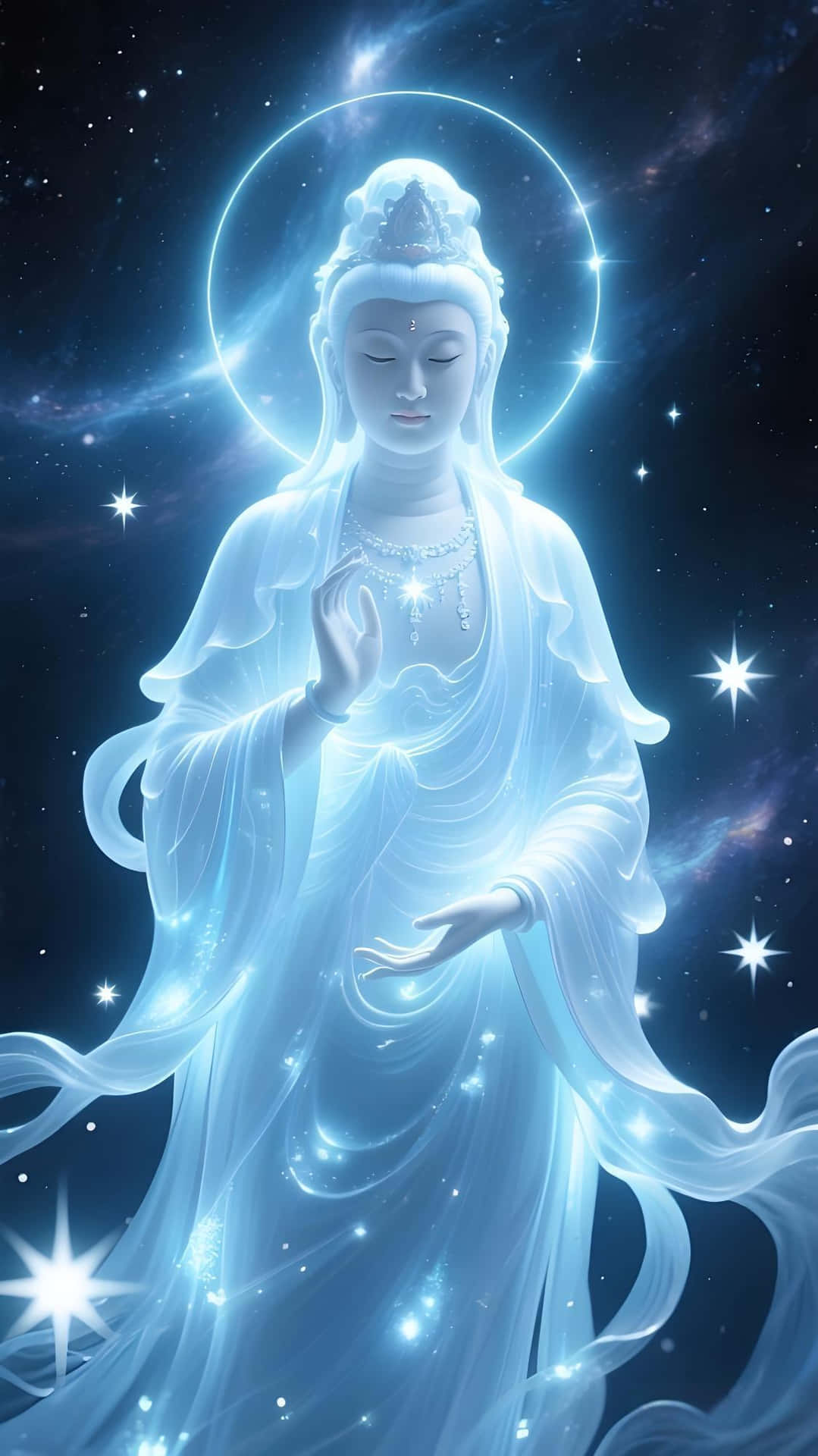 Guanyin Statue: Cosmic Divine Light Art Wallpaper 壁紙 — 一個寧靜的天體人物，散發著發光的藍色光環，身穿飄逸長袍，站在繁星點點的宇宙背景中。