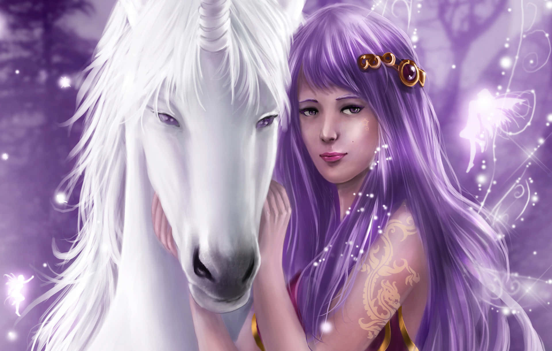 Unicorn Coloring 桌布 壁紙 — 一個寧靜的奇幻場景，有一個紫色頭髮的女孩和一隻白色獨角獸，周圍是發光的魔法火花和空靈的森林背景。