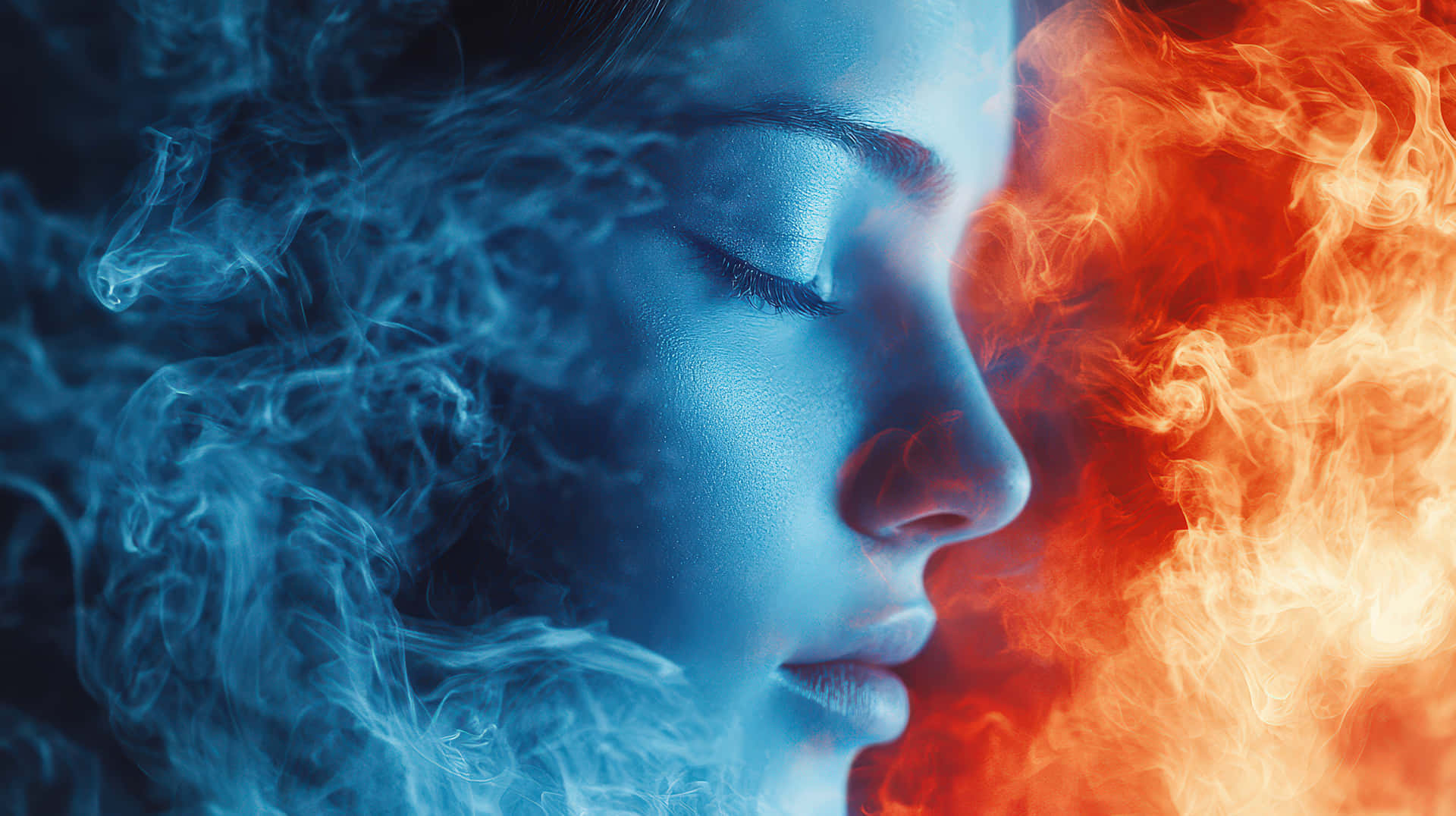 Close-up of a serene woman’s face, split between blue icy smoke and red fiery flames 壁紙 — 一個寧靜的女性面孔被旋轉的藍色煙霧和熾熱的橙色火焰分割，形成戲劇性的明暗對比構圖。