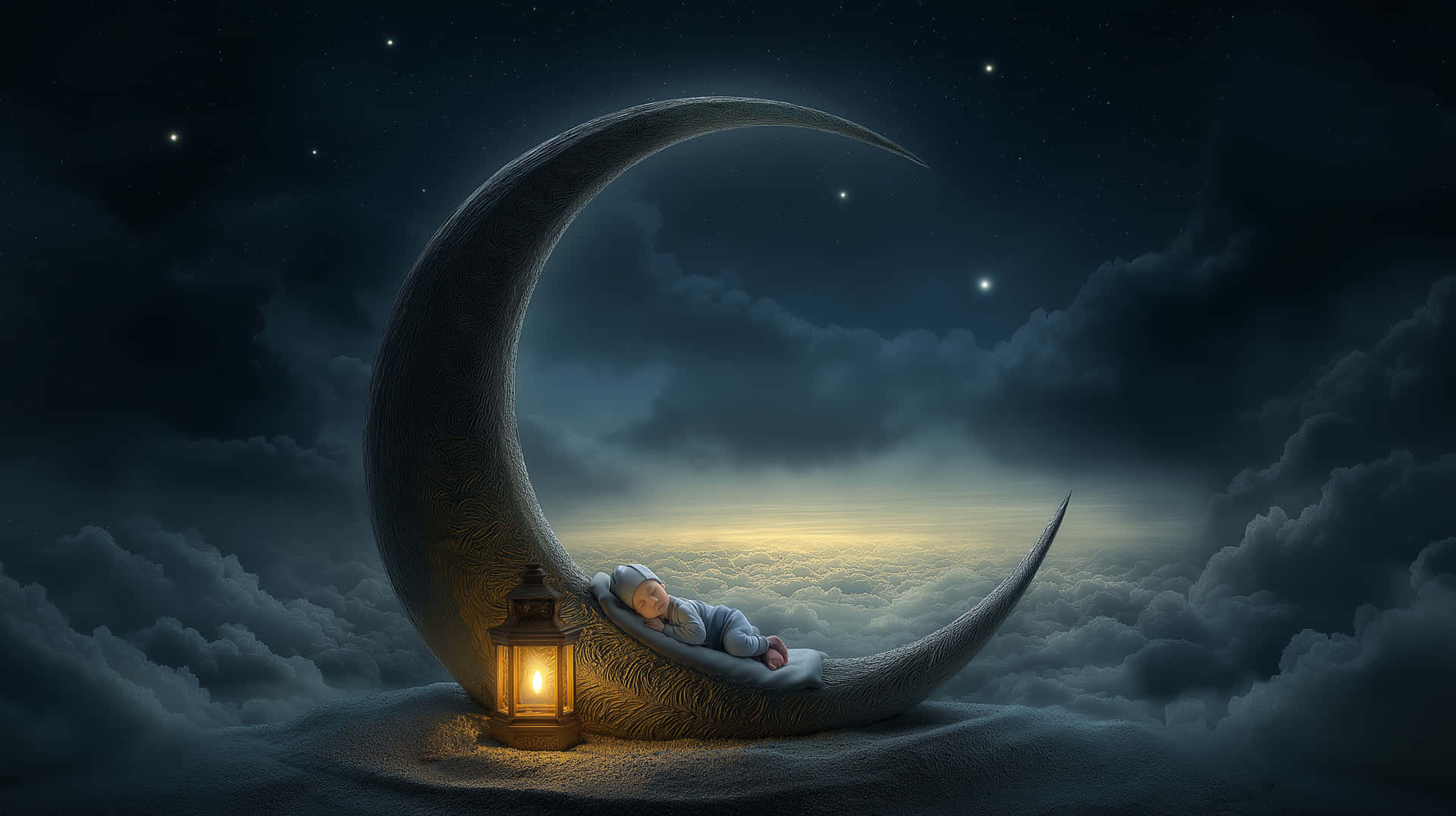 Adorable Newborn Sleeping on Moon with Warm Lantern Glow 壁紙 — 一個寧靜的嬰兒在雲朵懷抱的彎月上睡覺，下方是繁星點點的夜空，旁邊有一盞發光的燈籠。