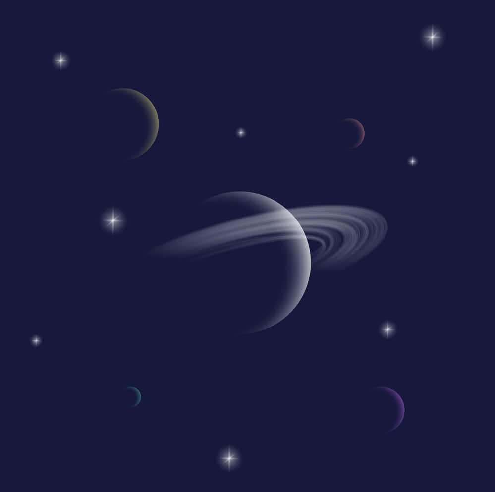 土星 桌布 壁紙 — 一個寧靜的宇宙場景，一個帶有光環的行星被發光的星星和色彩繽紛的衛星環繞，背景是深藍色的太空。
