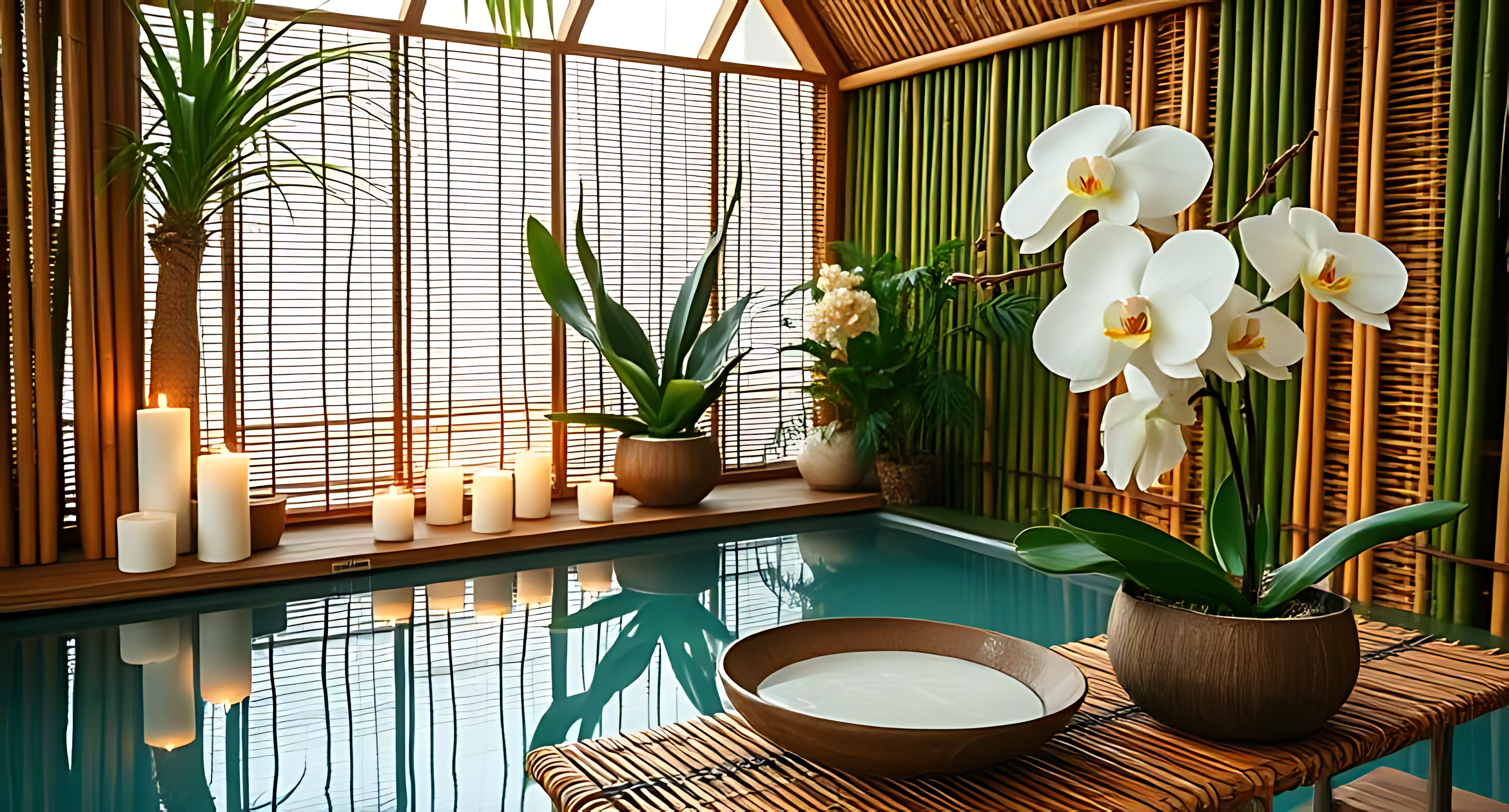 Relaxation 桌布 壁紙 — 一個寧靜的室內泳池，周圍是竹牆，由發光的蠟燭和白色蘭花照亮。