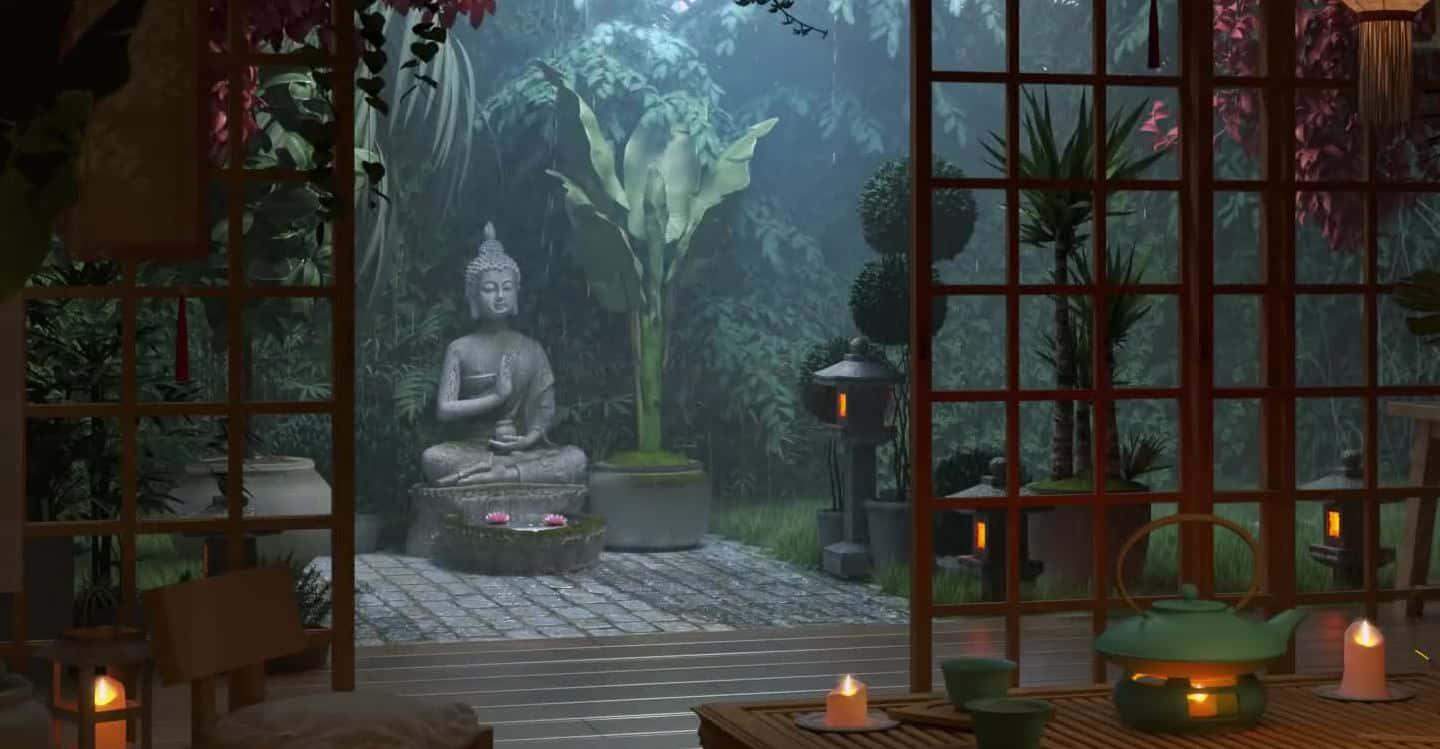 Feudal Japan 桌布 壁紙 — 一個寧靜的室內茶席，望向一個霧氣瀰漫的花園，花園裡有一座石佛像，周圍環繞著茂密的樹葉和發光的燈籠。