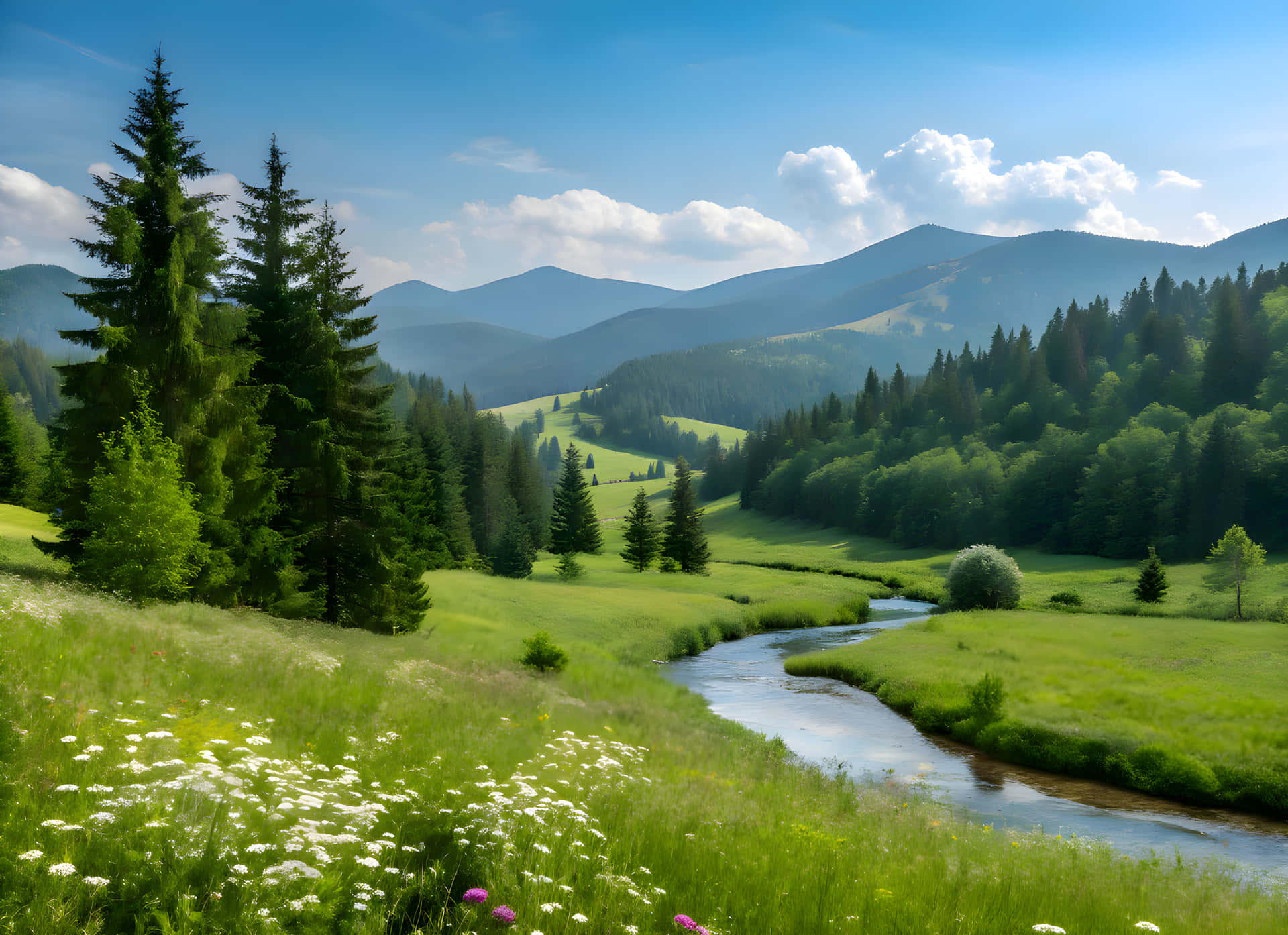 A natural view of mountain and little river 壁紙 — 一個寧靜的山谷，有一條蜿蜒的河流流經鬱鬱蔥蔥的綠色草地，草地上點綴著白色野花，頭頂是明亮的藍天和蓬鬆的白雲。