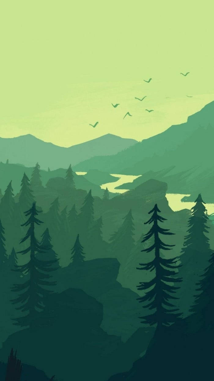 Minimalist Nature 桌布 壁紙 — 一個寧靜的山谷，有松樹和蜿蜒的河流，淡綠色的天空中有飛鳥。