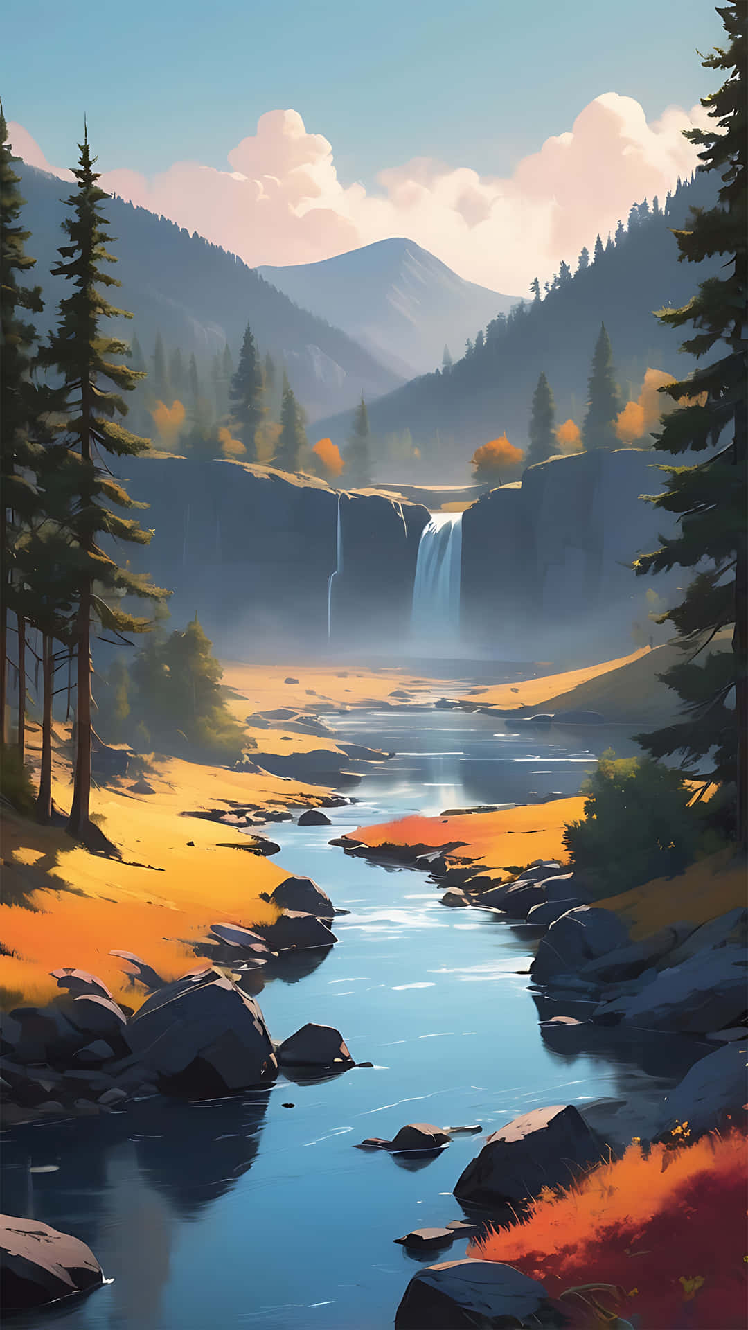 Serene Mountain River with Waterfall and Forest 壁紙 — 一個寧靜的山谷，瀑布傾瀉而下，流入平靜的河流，周圍是高聳的松樹和秋葉，在柔和的藍天下。