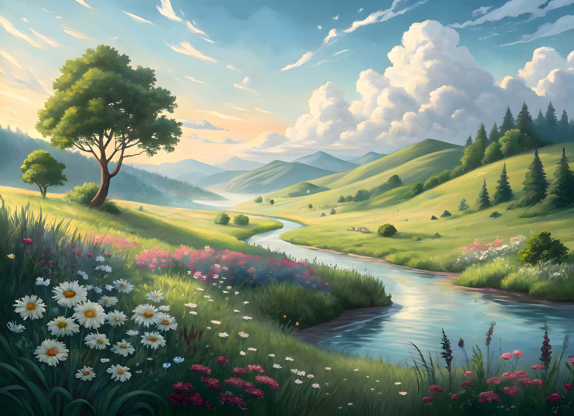 A natural art by hill and river 壁紙 — 一個寧靜的山谷，蜿蜒的河流流過色彩繽紛的野花和起伏的綠色山丘，天空明亮，雲朵蓬鬆。