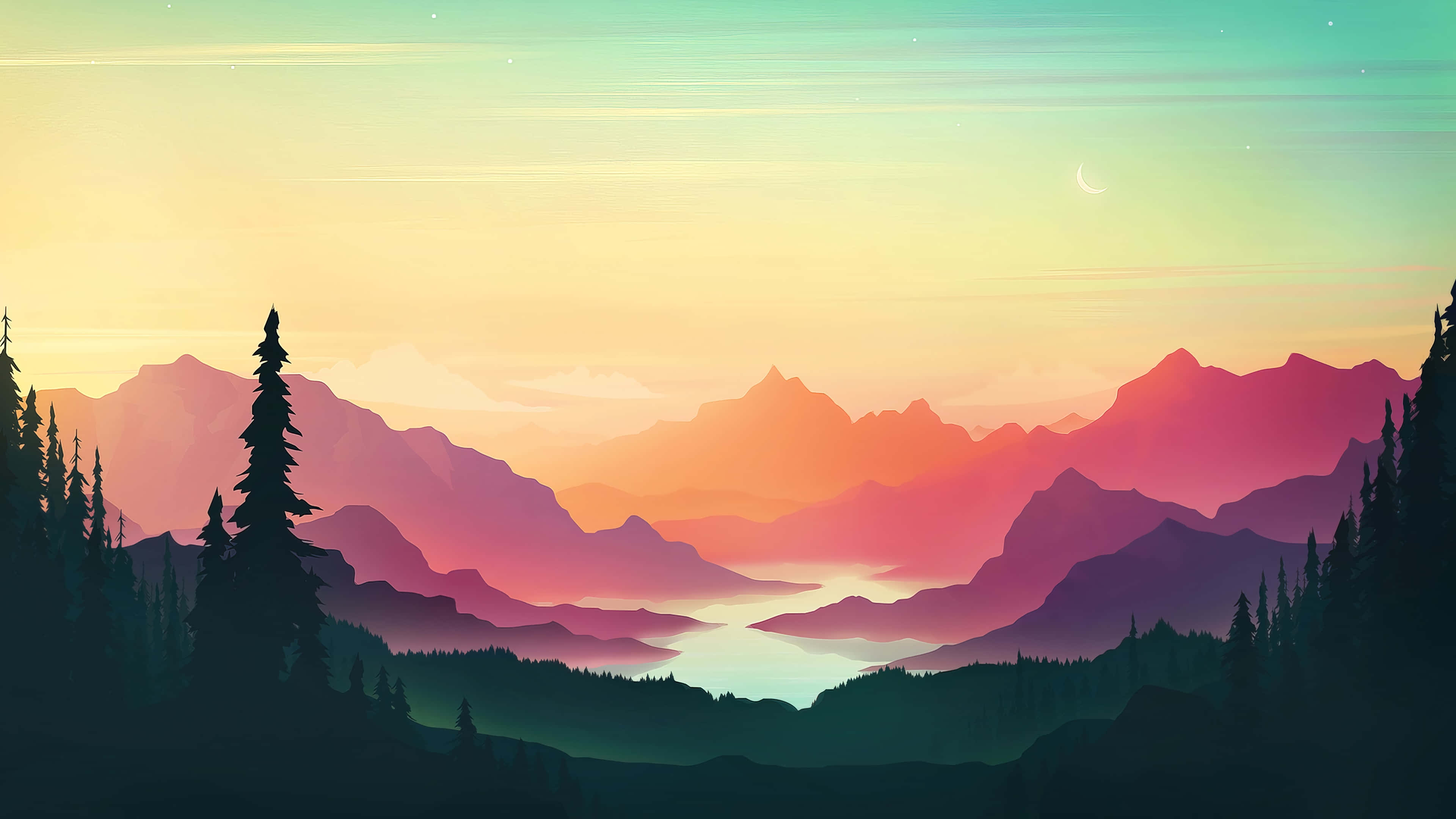 Mountain Scenery 桌布 壁紙 — 一個寧靜的山谷沐浴在暮色中，層巒疊嶂在漸變的天空下形成剪影，還有一彎新月。