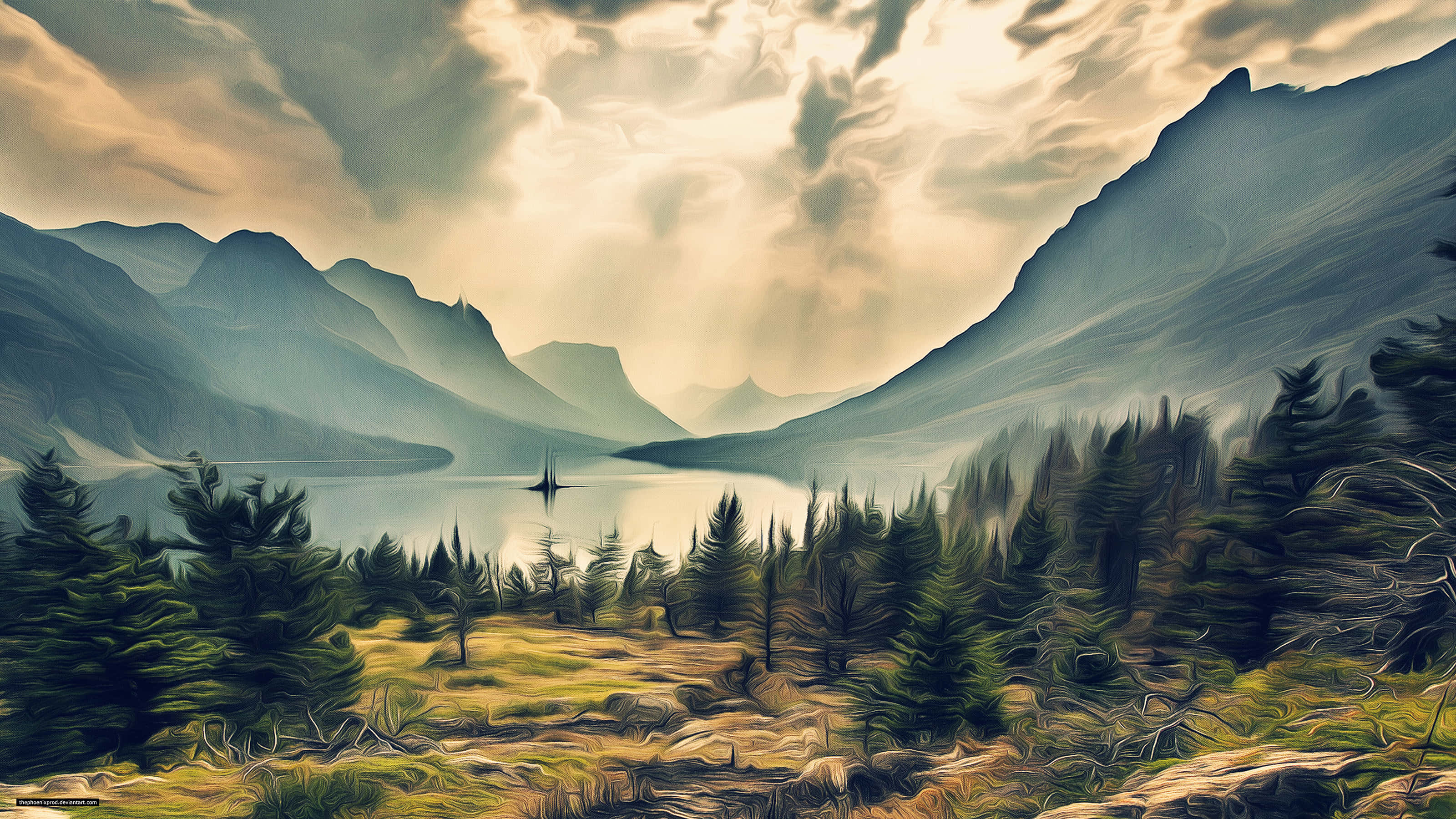 Nature Landscape 桌布 壁紙 — 一個寧靜的山間湖泊，被茂密的松樹林環繞，天空多雲而戲劇性，陽光穿透雲層。