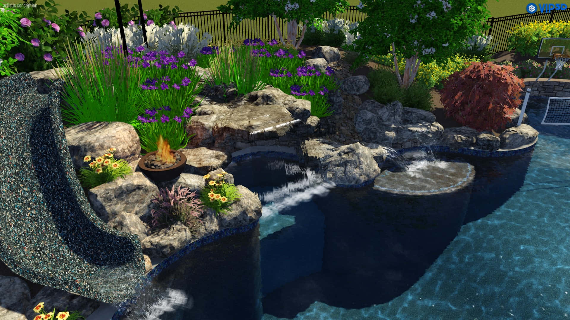 3d Landscape 桌布 壁紙 — 一個寧靜的後院綠洲，設有石頭瀑布、充滿活力的紫色花朵，以及清澈藍色泳池旁的火坑。