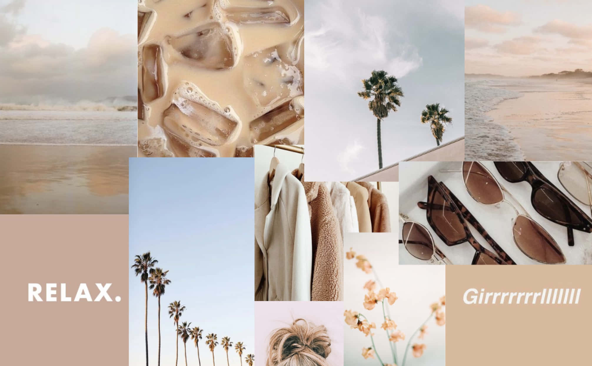 Neutral Aesthetic Desktop 桌布 壁紙 — 一個寧靜的拼貼畫，包含海灘波浪、棕櫚樹、冰咖啡、舒適的衣服和太陽眼鏡，喚起寧靜的度假氛圍。