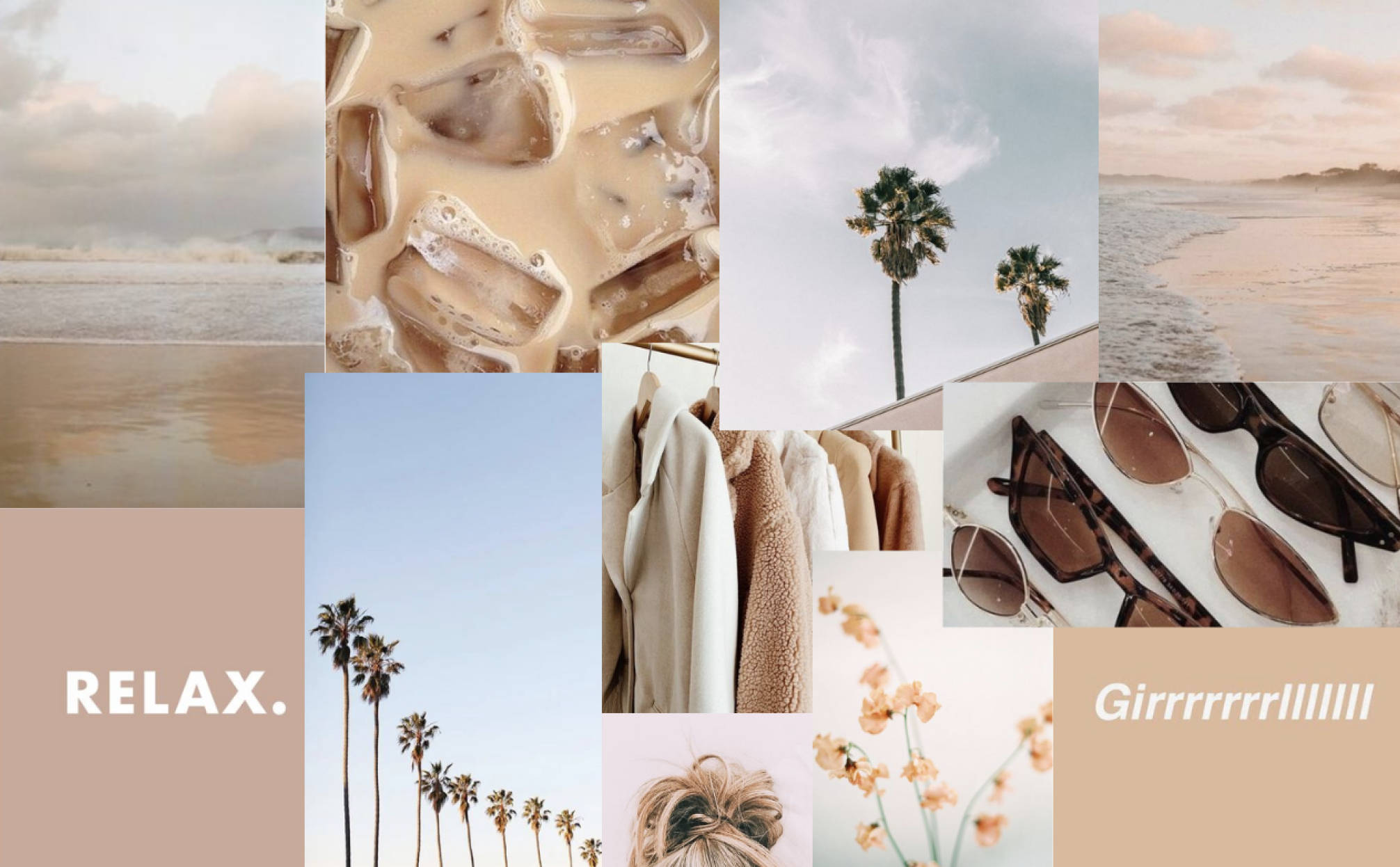 Neutral Aesthetic 桌布 壁紙 — 一個寧靜的拼貼畫，包含海灘波浪、棕櫚樹、冰咖啡、舒適的衣服和太陽眼鏡，喚起平靜的夏日氛圍。