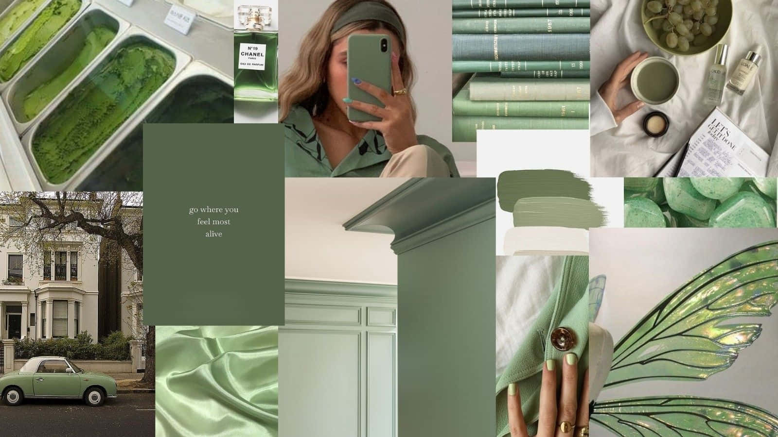Pastel Green Aesthetic 桌布 壁紙 — 一個寧靜的拼貼畫，包含鼠尾草綠色元素，如冰淇淋、書籍、香水、翅膀和復古汽車，營造出平靜的奢華感。