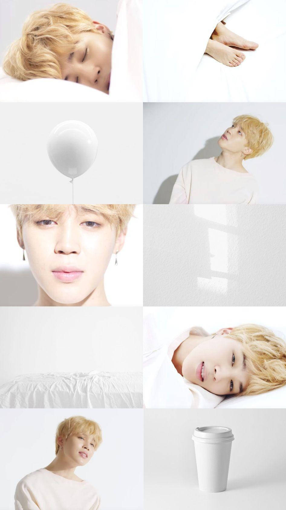 Jimin Aesthetic 桌布 壁紙 — 一個寧靜的拼貼畫，描繪一位金髮年輕男子在柔和的白色環境中，睡覺、凝視和微笑，配有一個白色氣球和咖啡杯。