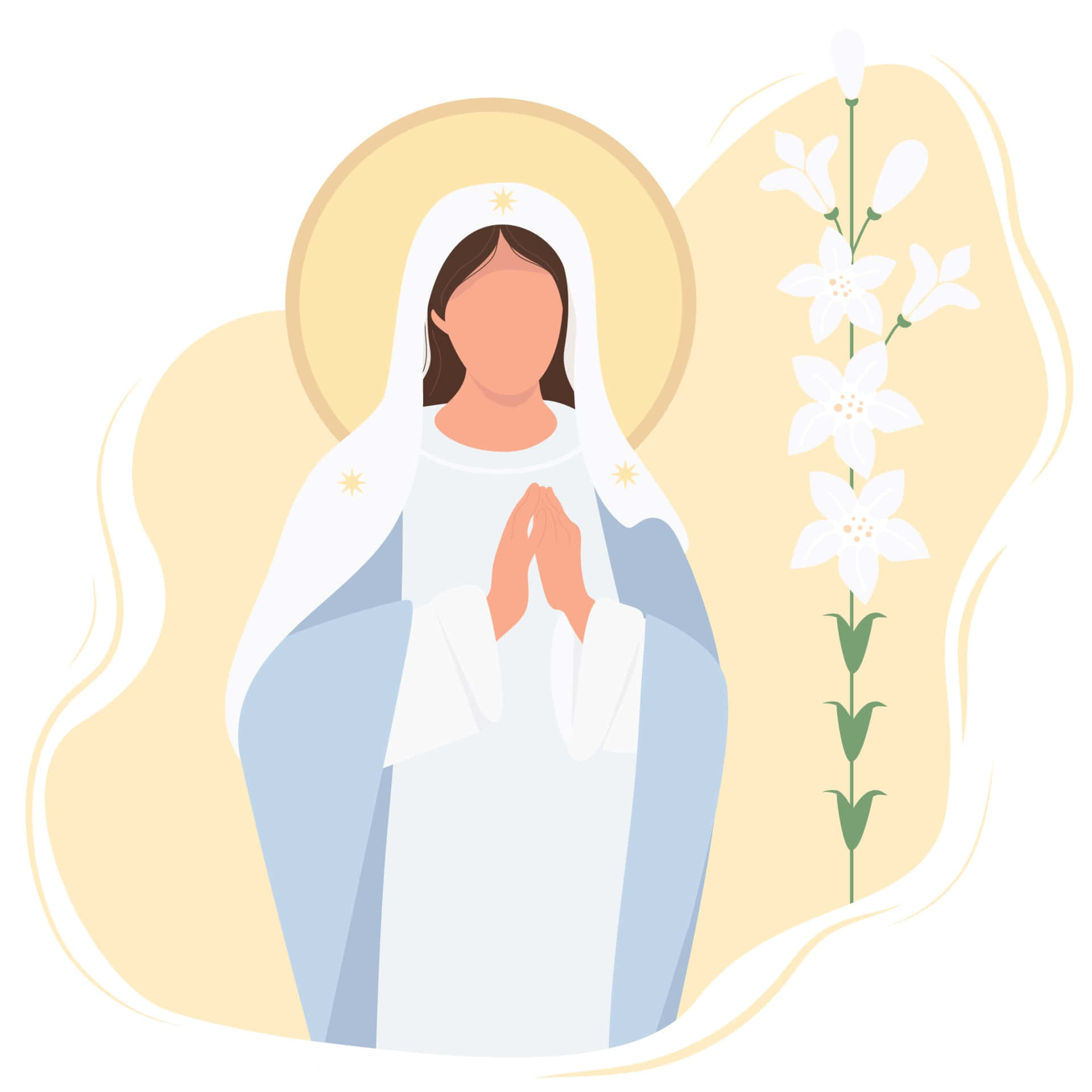 Mother Mary 桌布 壁紙 — 一個寧靜的插圖人物，身穿白色和藍色長袍，雙手合十祈禱，旁邊有一枝百合莖，背景是柔和的黃色光環。