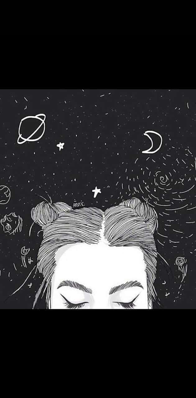 桌布 壁紙 — 一個寧靜的插圖肖像，人物閉上眼睛，頭頂上有太空主題的塗鴉盤旋。