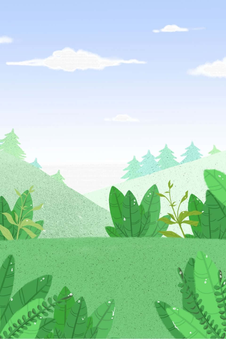 Cartoon Forest 桌布 壁紙 — 一個寧靜的插圖風景，起伏的綠色山丘點綴著松樹，前景茂密的樹葉，在柔和的藍天和縷縷白雲下。